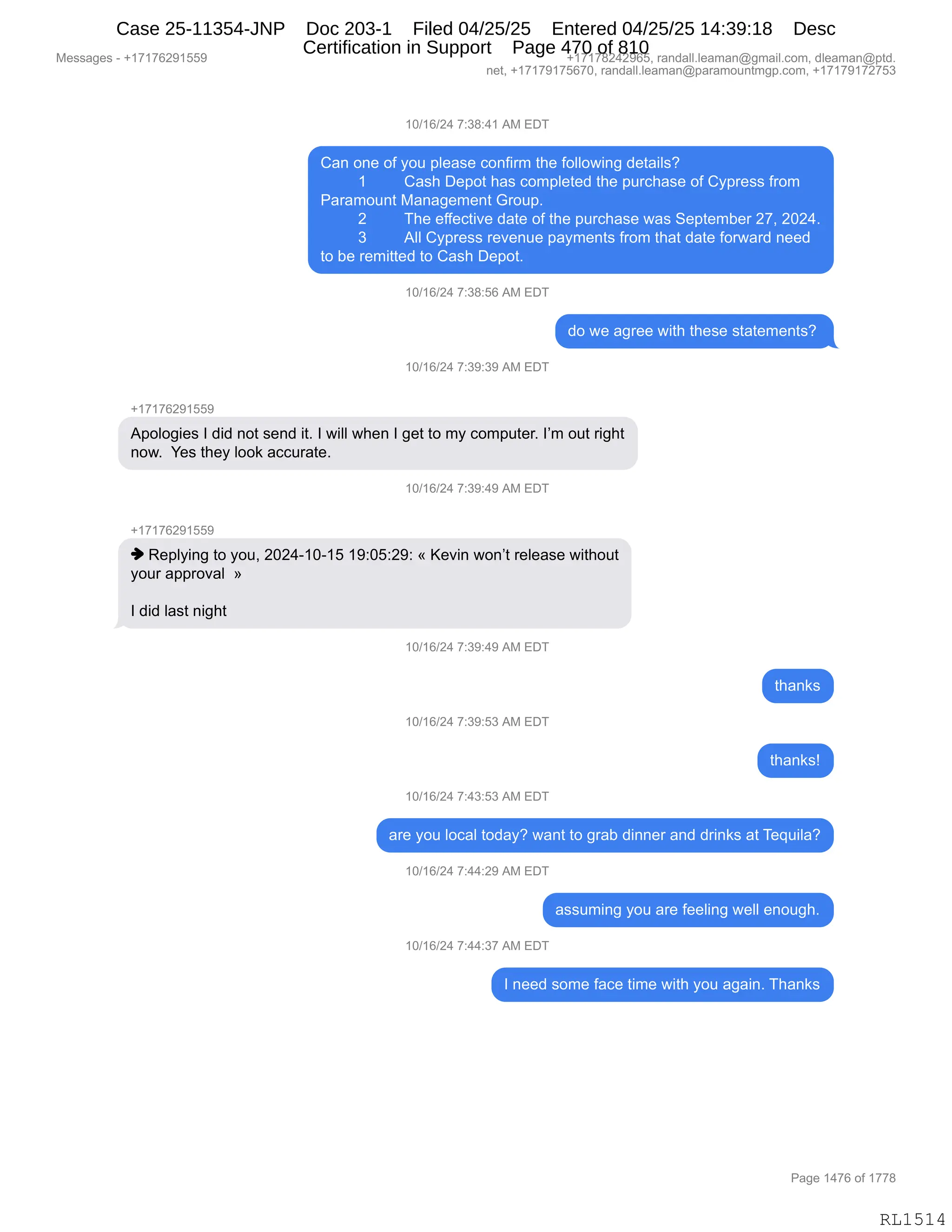 Daryl Heller Bankruptcy Court Filing (text messages and transcripts)