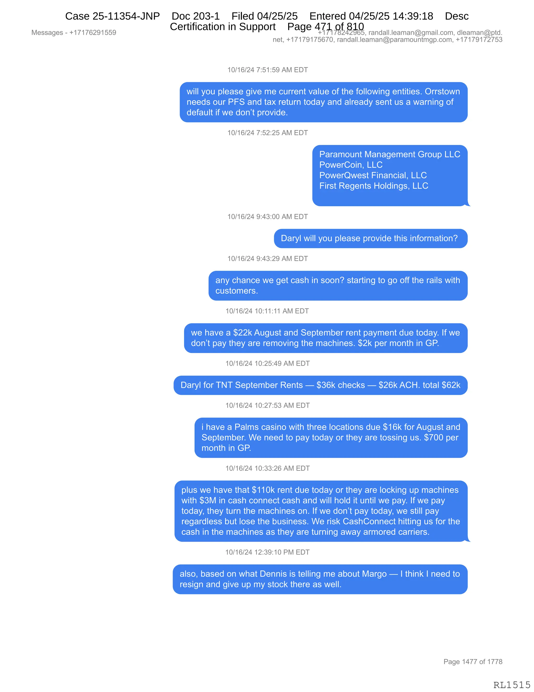 Daryl Heller Bankruptcy Court Filing (text messages and transcripts)