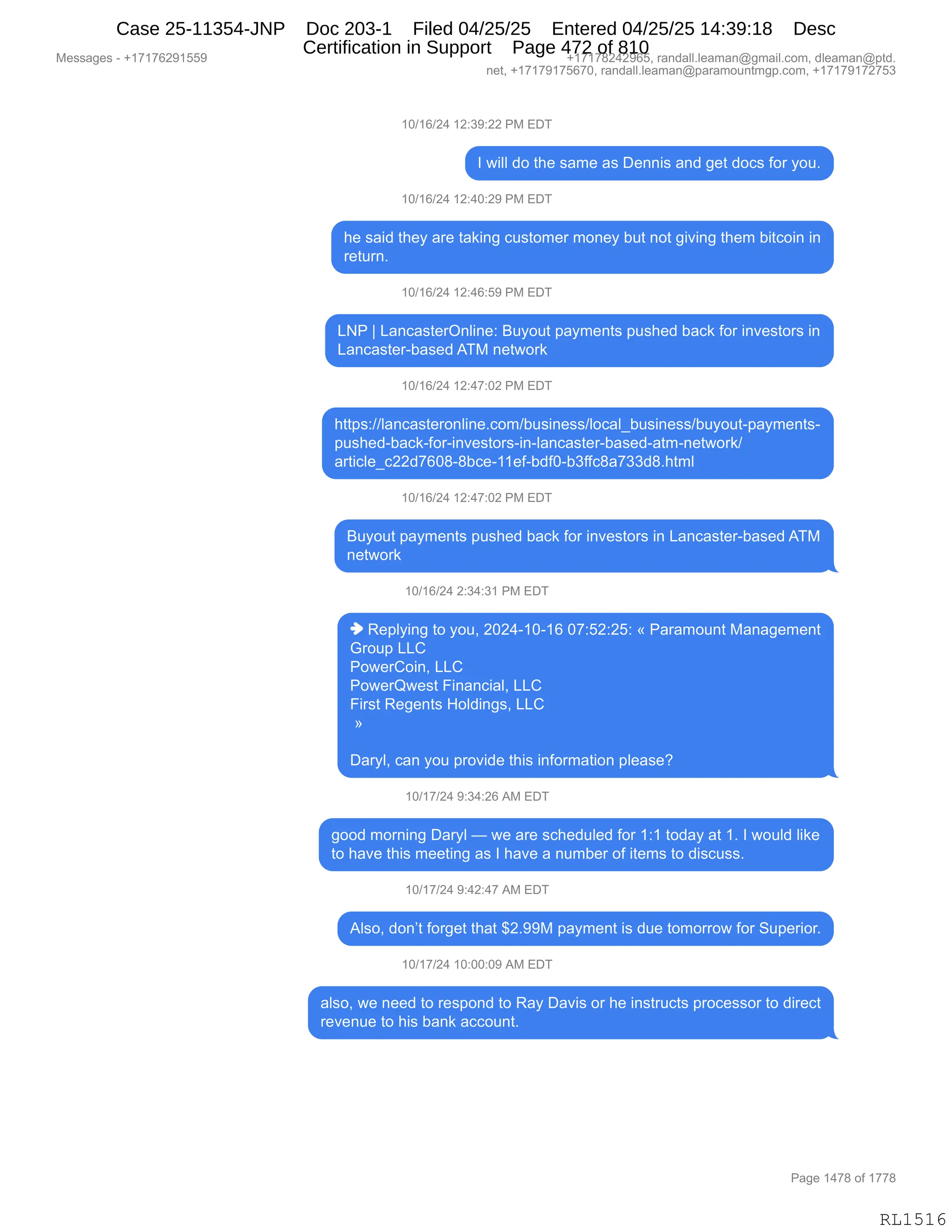 Daryl Heller Bankruptcy Court Filing (text messages and transcripts)