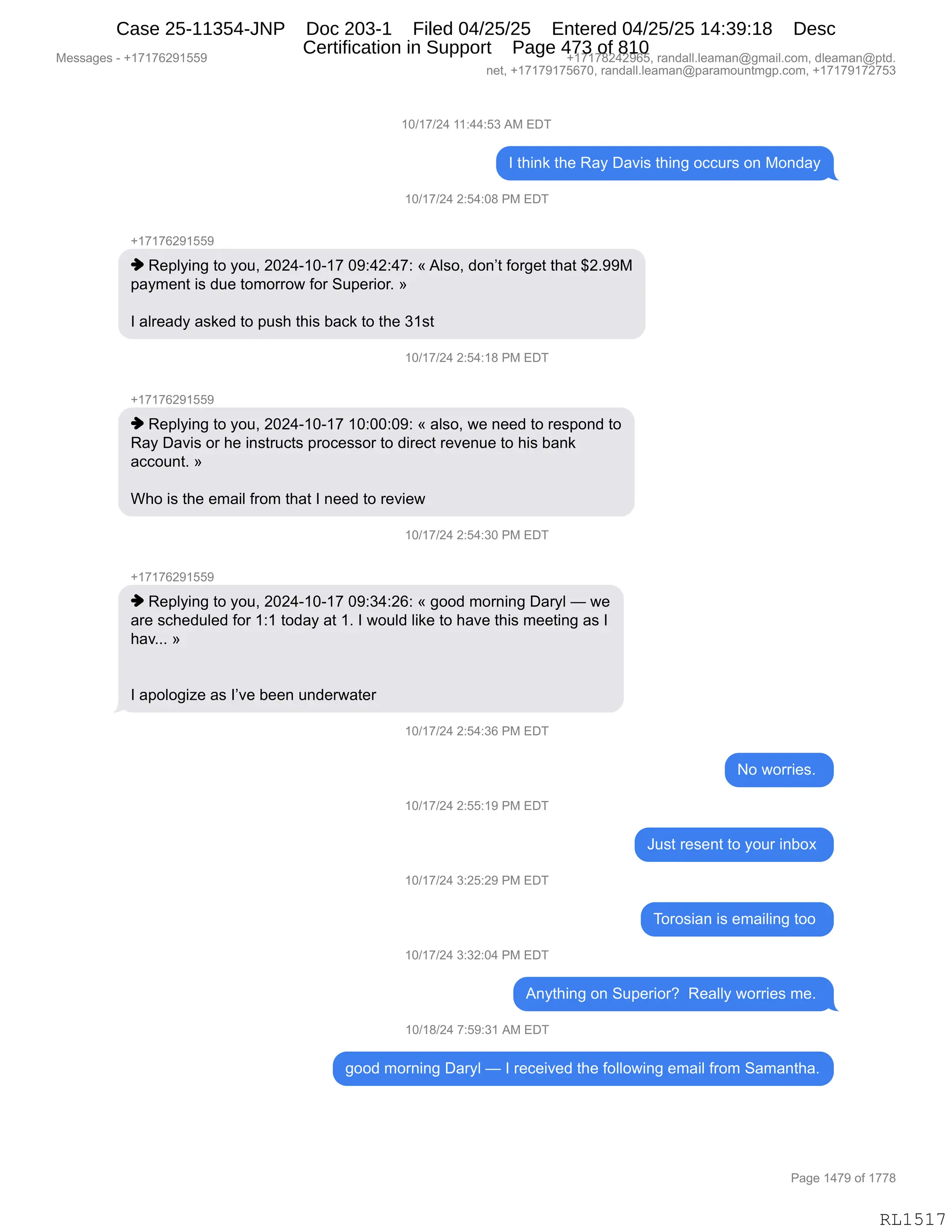 Daryl Heller Bankruptcy Court Filing (text messages and transcripts)