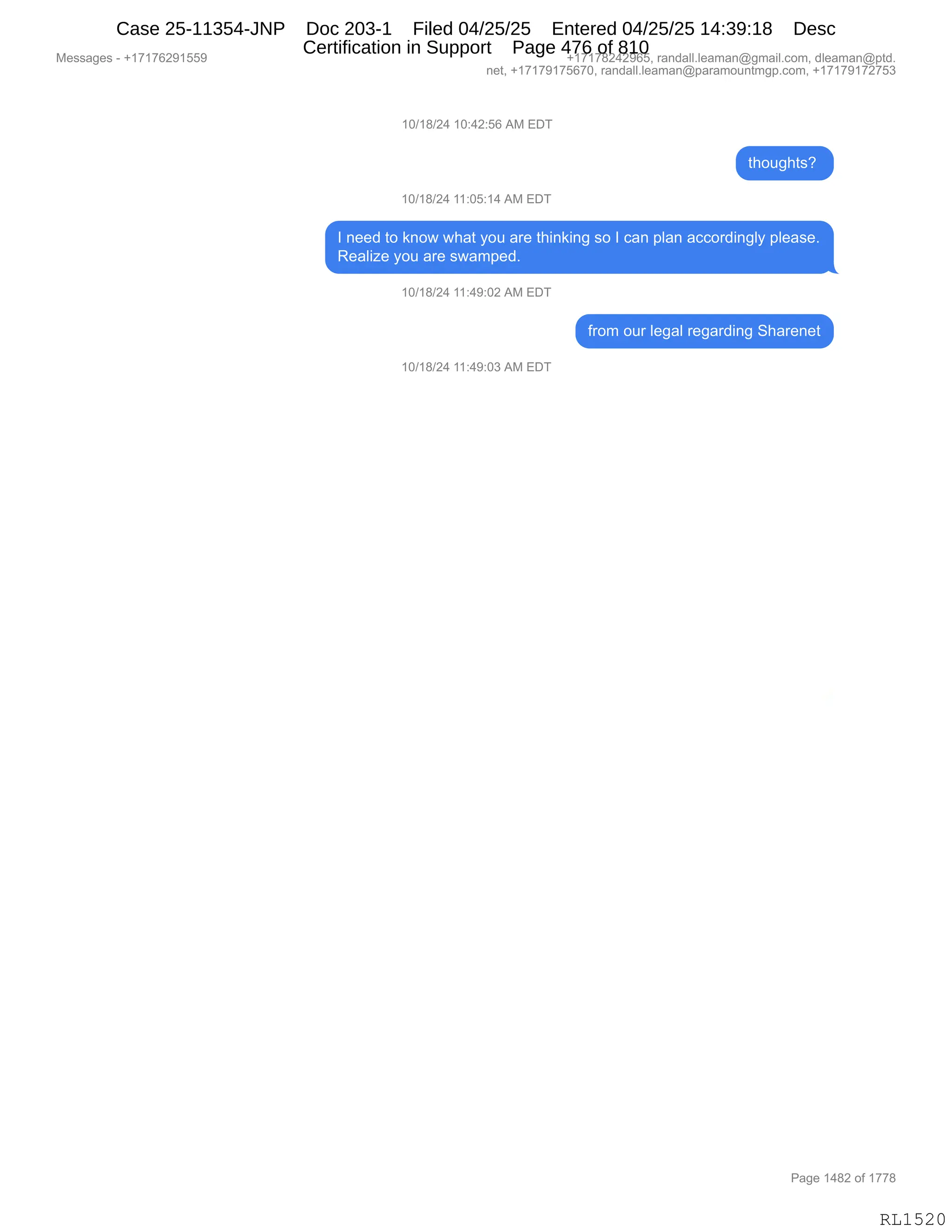 Daryl Heller Bankruptcy Court Filing (text messages and transcripts)