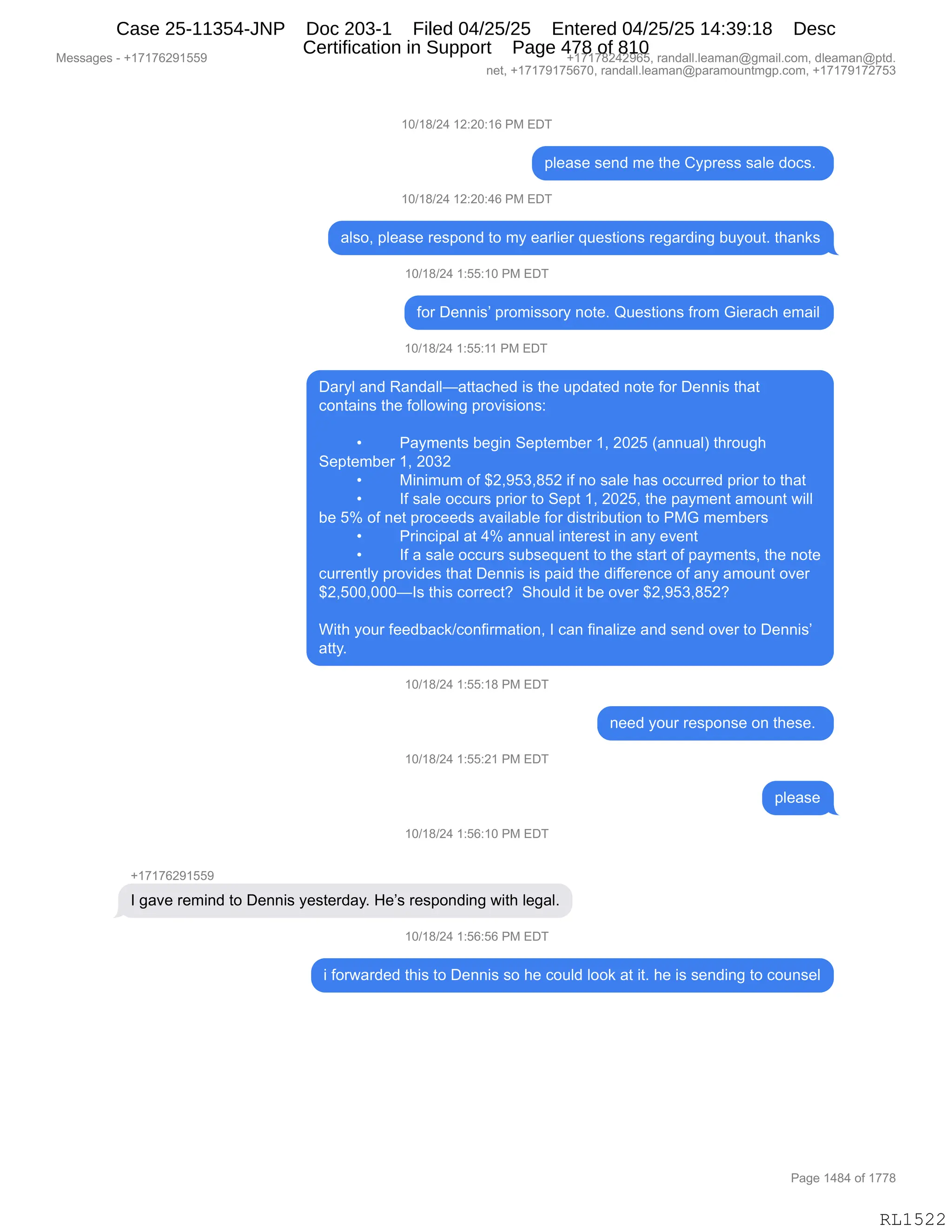 Daryl Heller Bankruptcy Court Filing (text messages and transcripts)