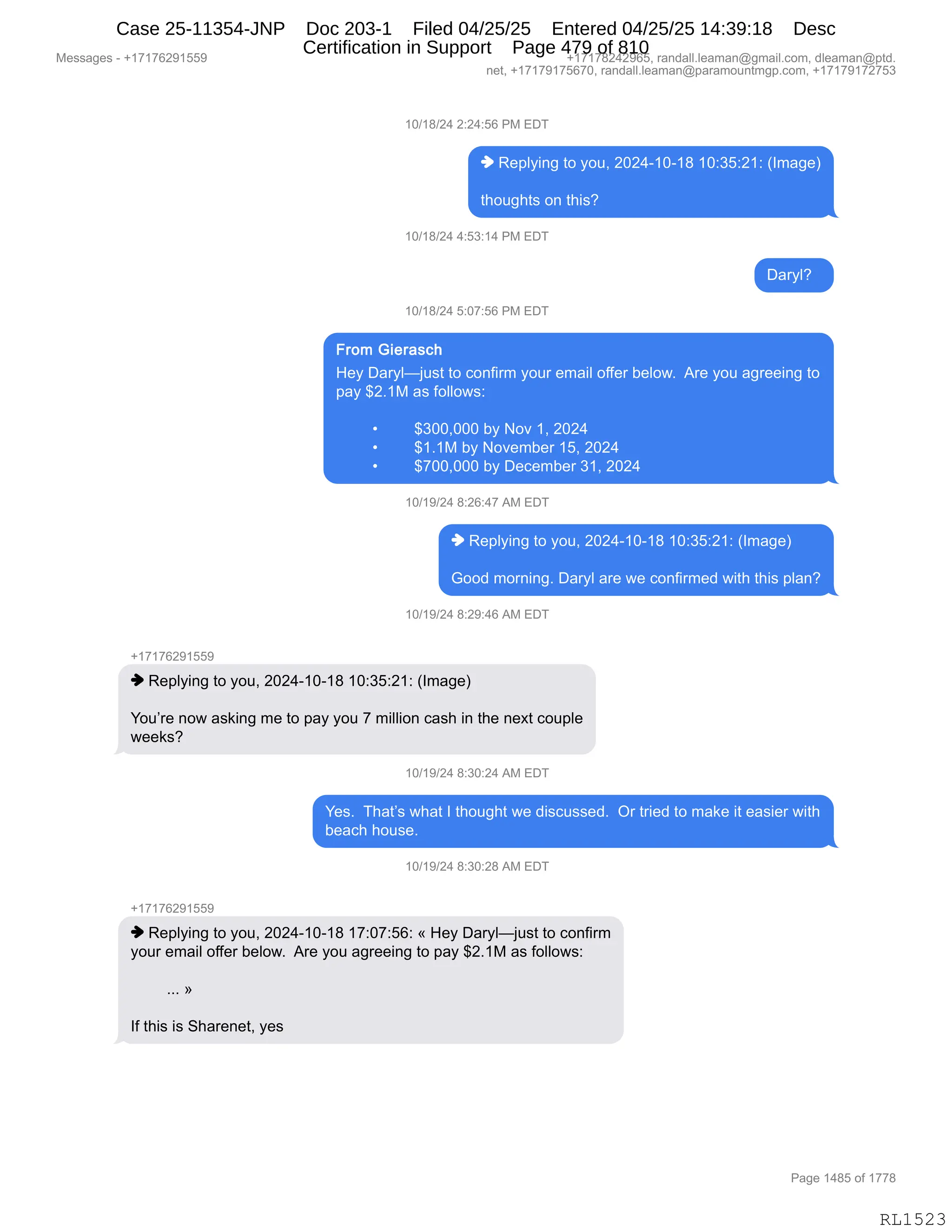 Daryl Heller Bankruptcy Court Filing (text messages and transcripts)