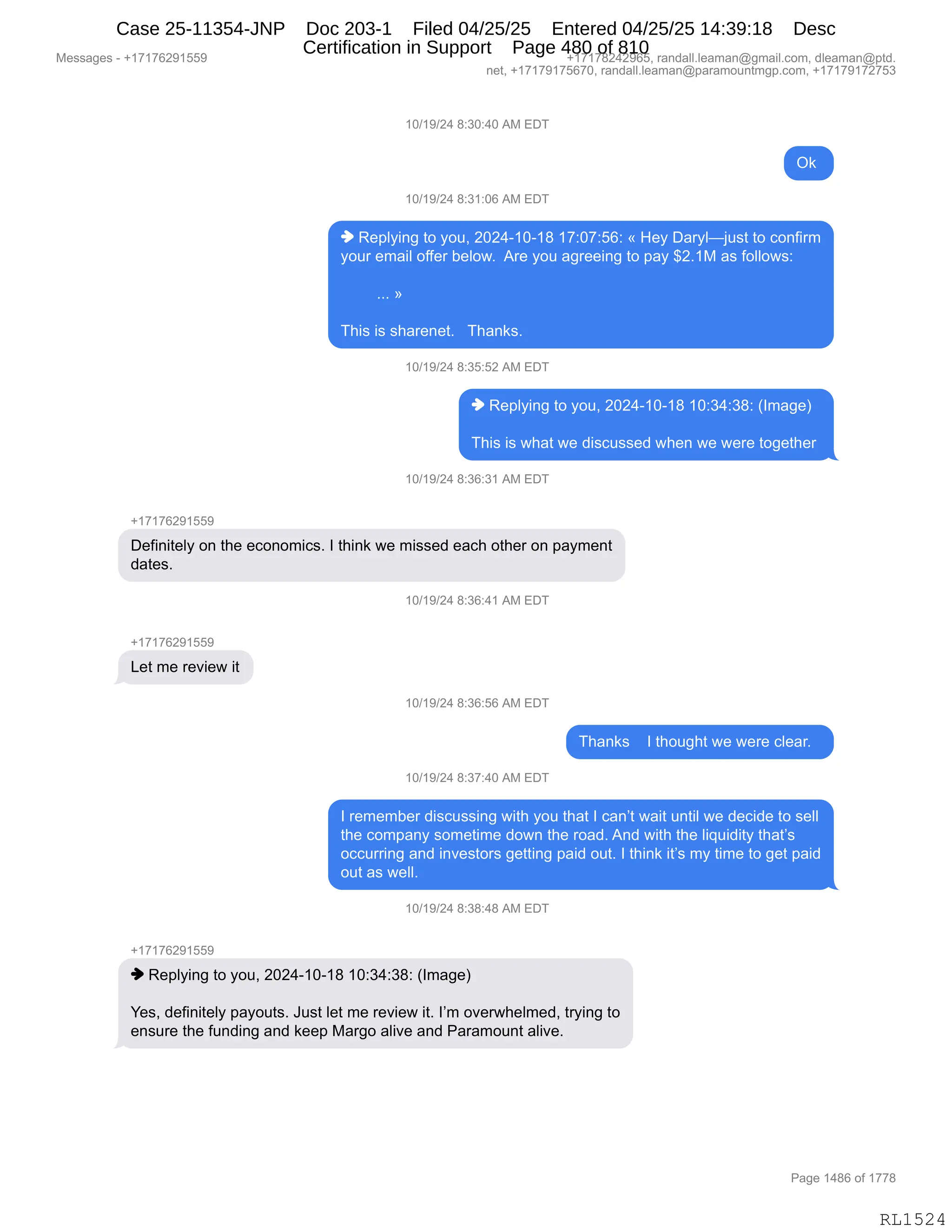 Daryl Heller Bankruptcy Court Filing (text messages and transcripts)