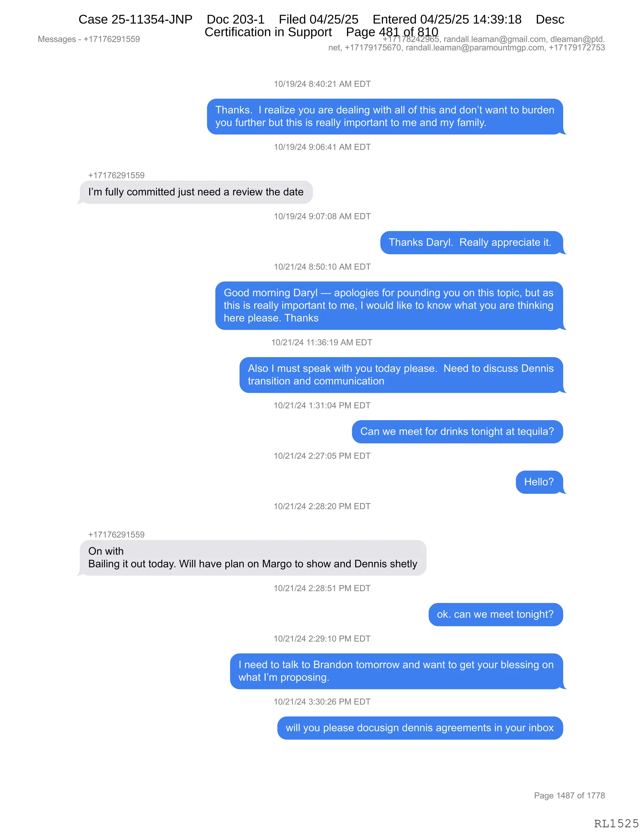 Daryl Heller Bankruptcy Court Filing (text messages and transcripts)