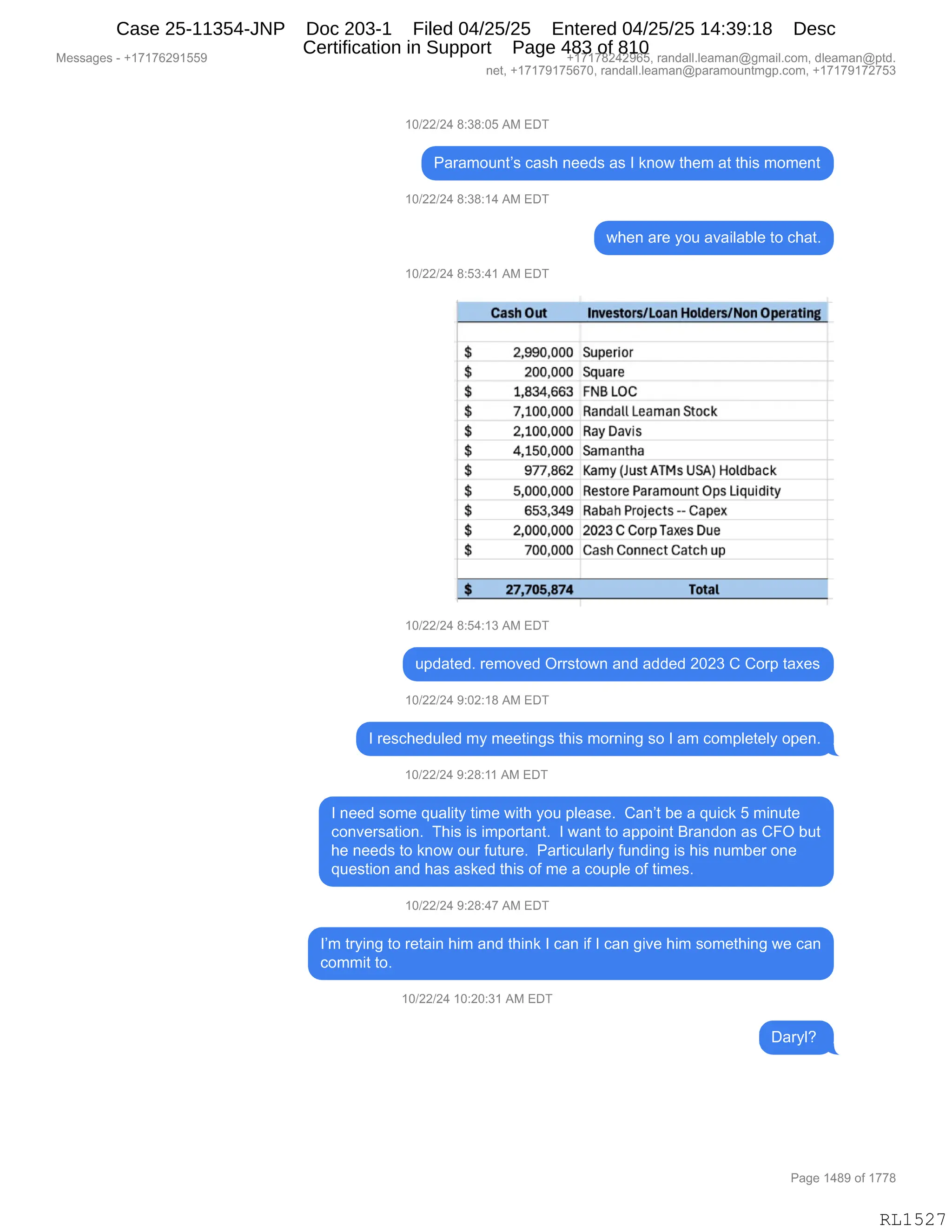 Daryl Heller Bankruptcy Court Filing (text messages and transcripts)