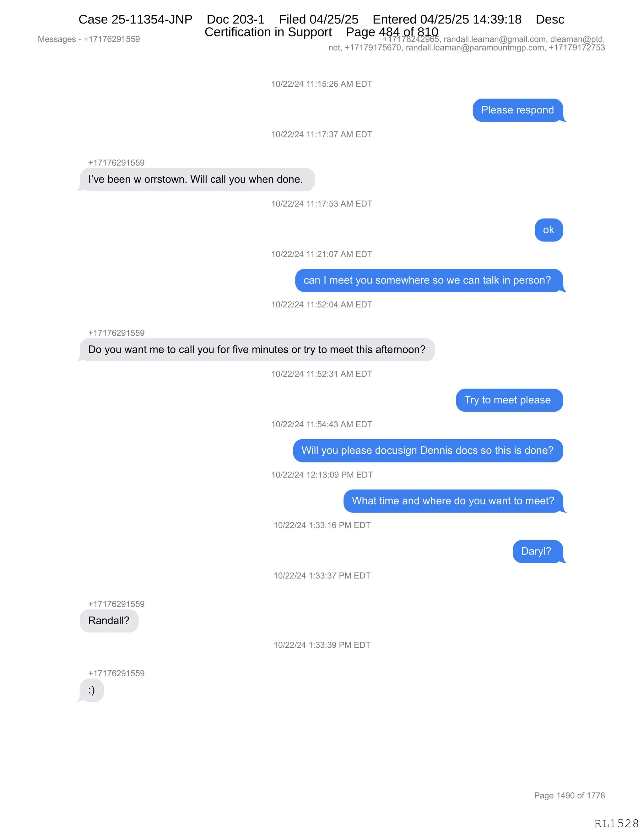 Daryl Heller Bankruptcy Court Filing (text messages and transcripts)