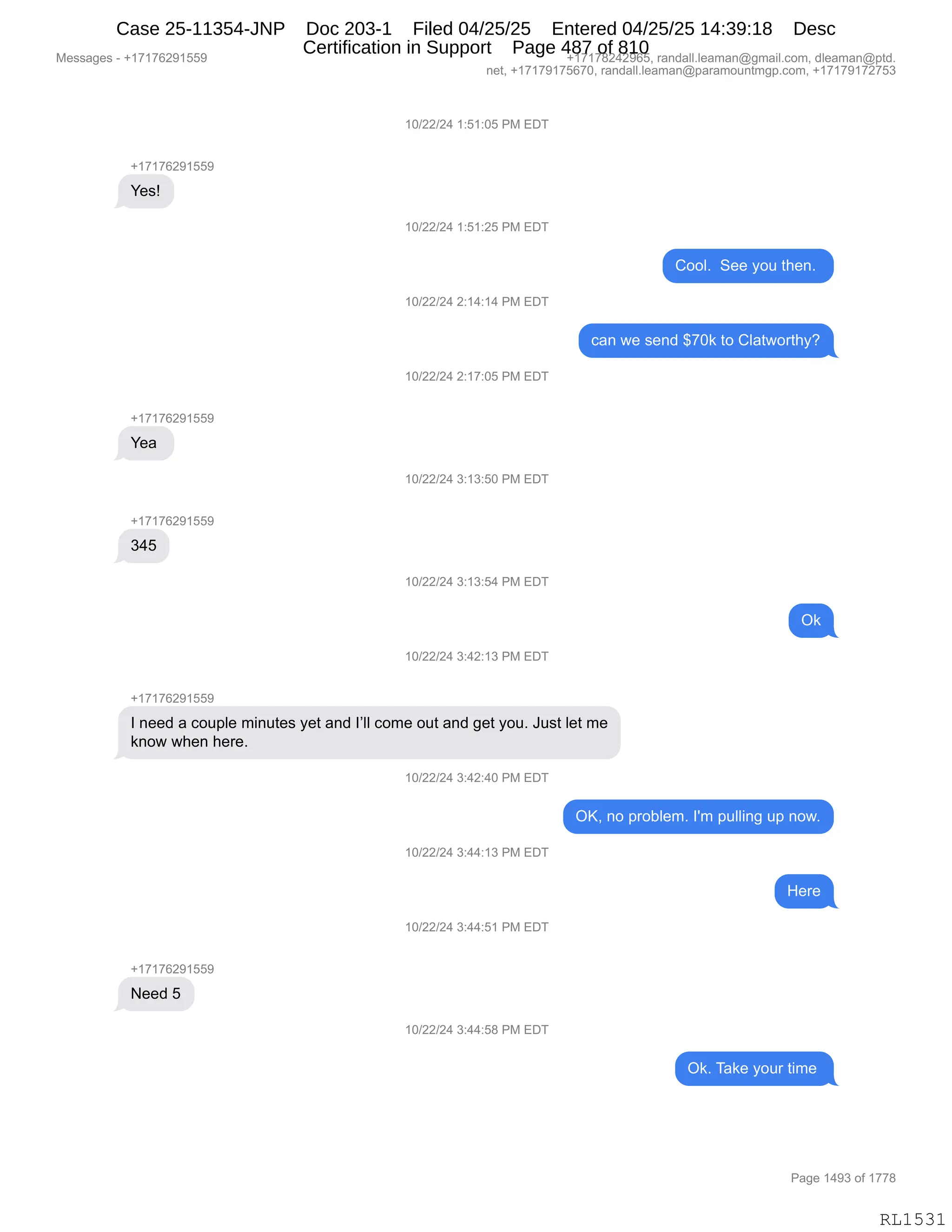 Daryl Heller Bankruptcy Court Filing (text messages and transcripts)