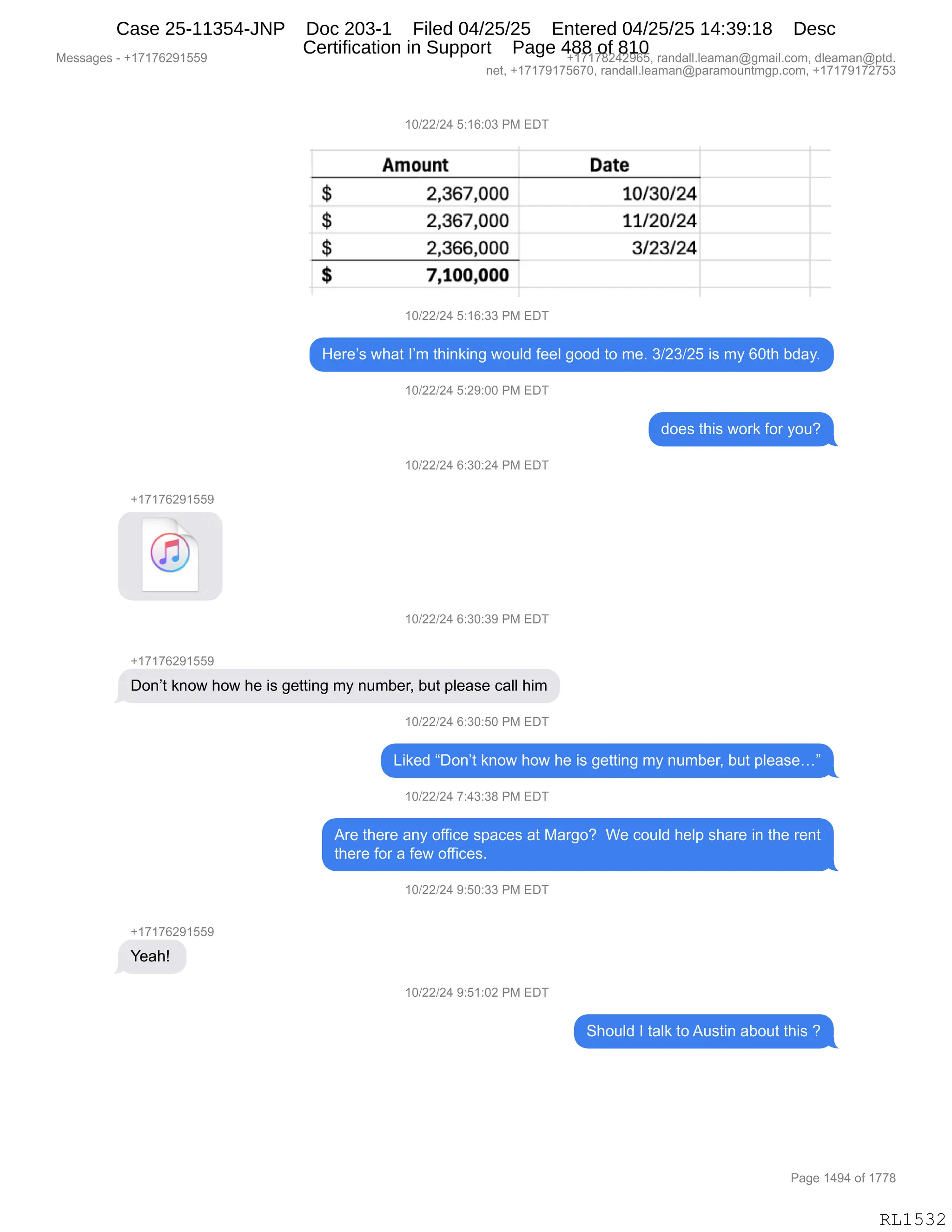 Daryl Heller Bankruptcy Court Filing (text messages and transcripts)