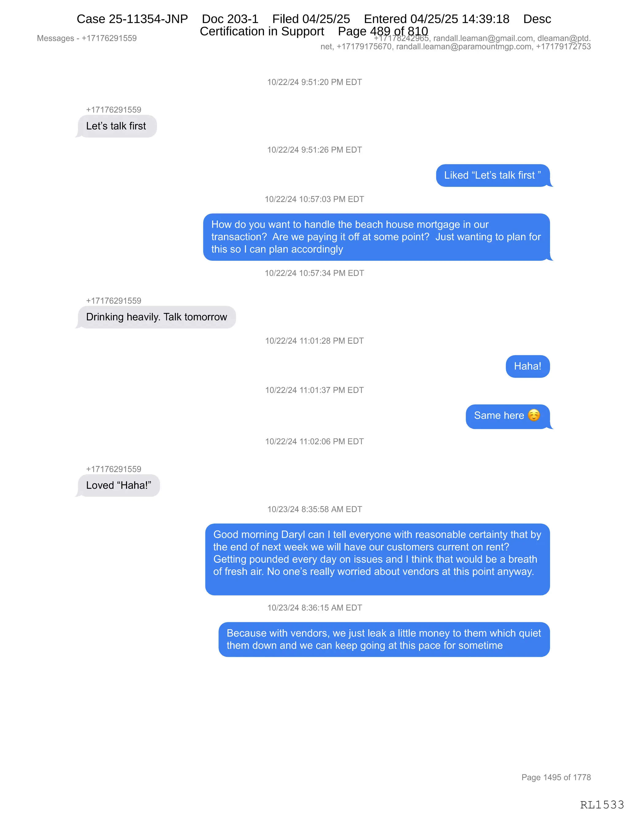 Daryl Heller Bankruptcy Court Filing (text messages and transcripts)