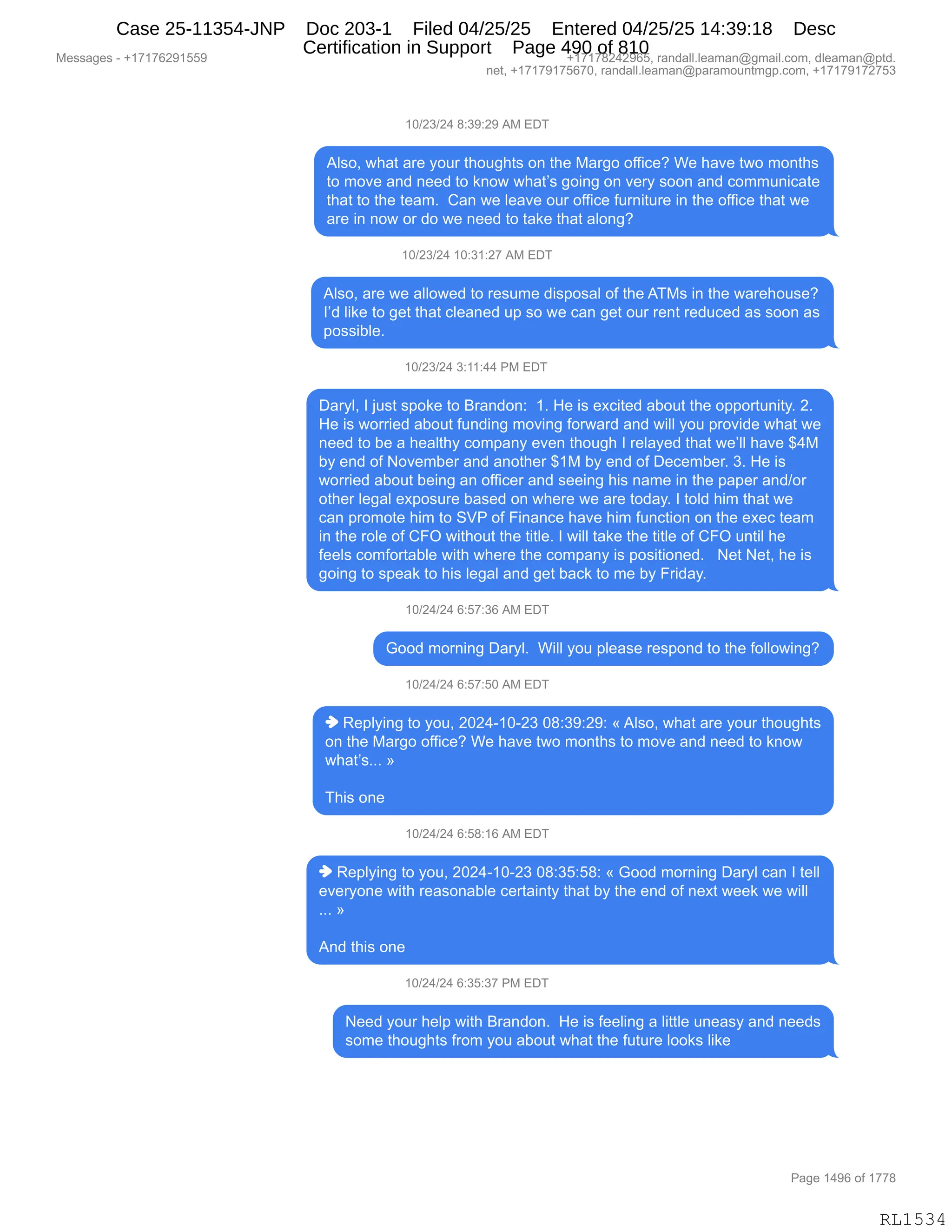 Daryl Heller Bankruptcy Court Filing (text messages and transcripts)