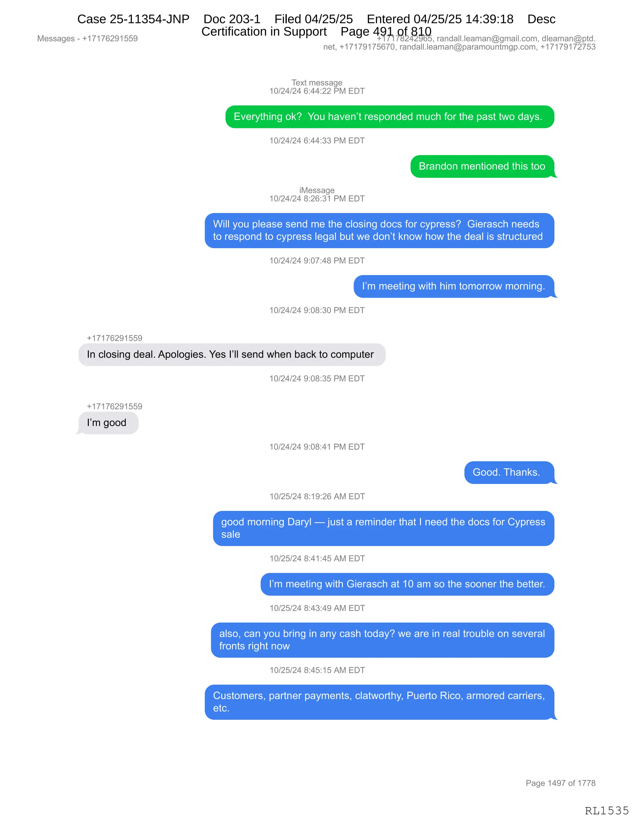 Daryl Heller Bankruptcy Court Filing (text messages and transcripts)