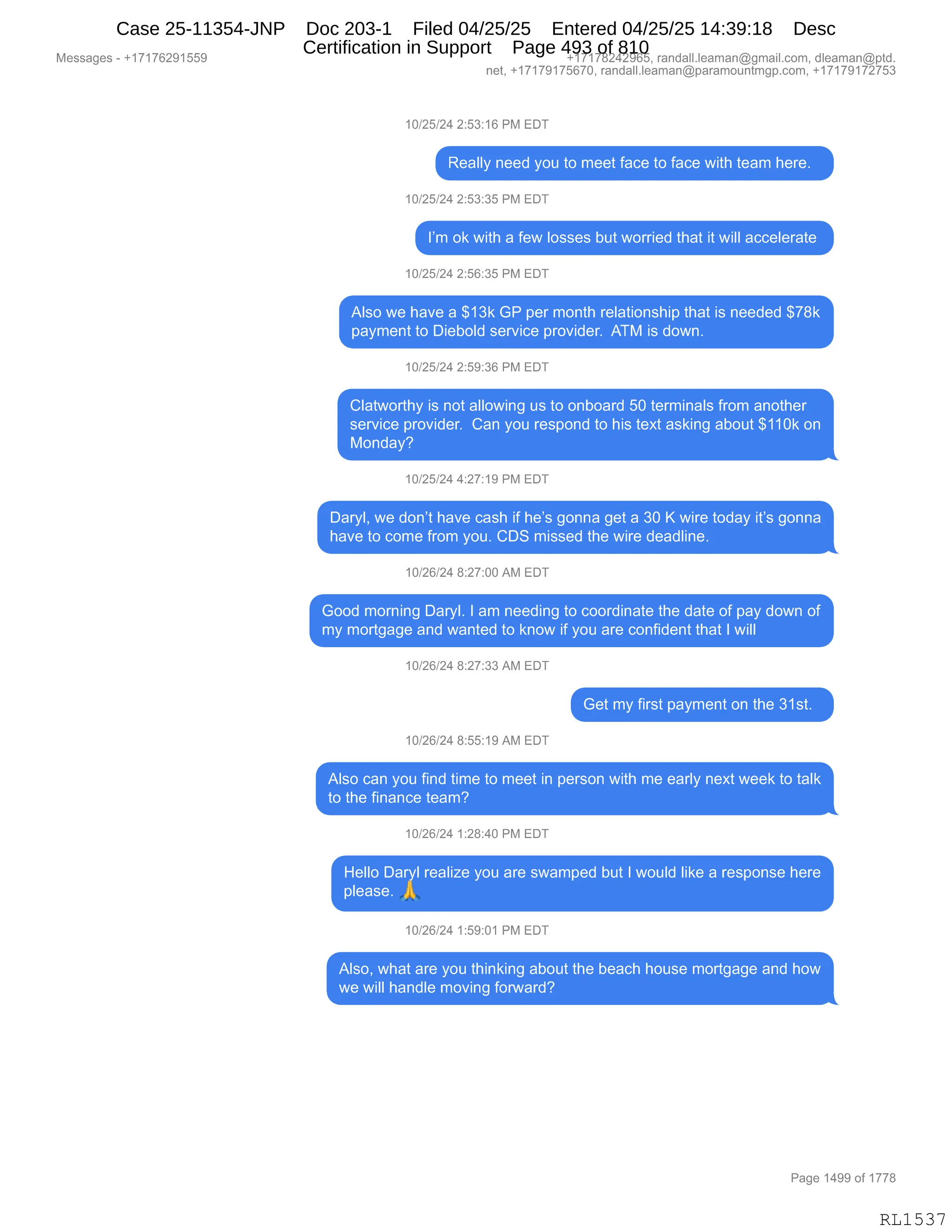 Daryl Heller Bankruptcy Court Filing (text messages and transcripts)