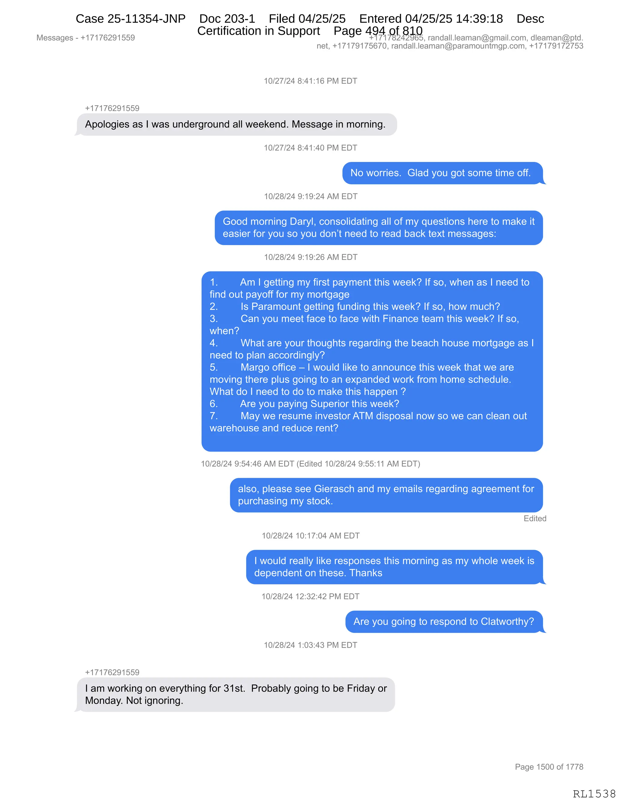 Daryl Heller Bankruptcy Court Filing (text messages and transcripts)