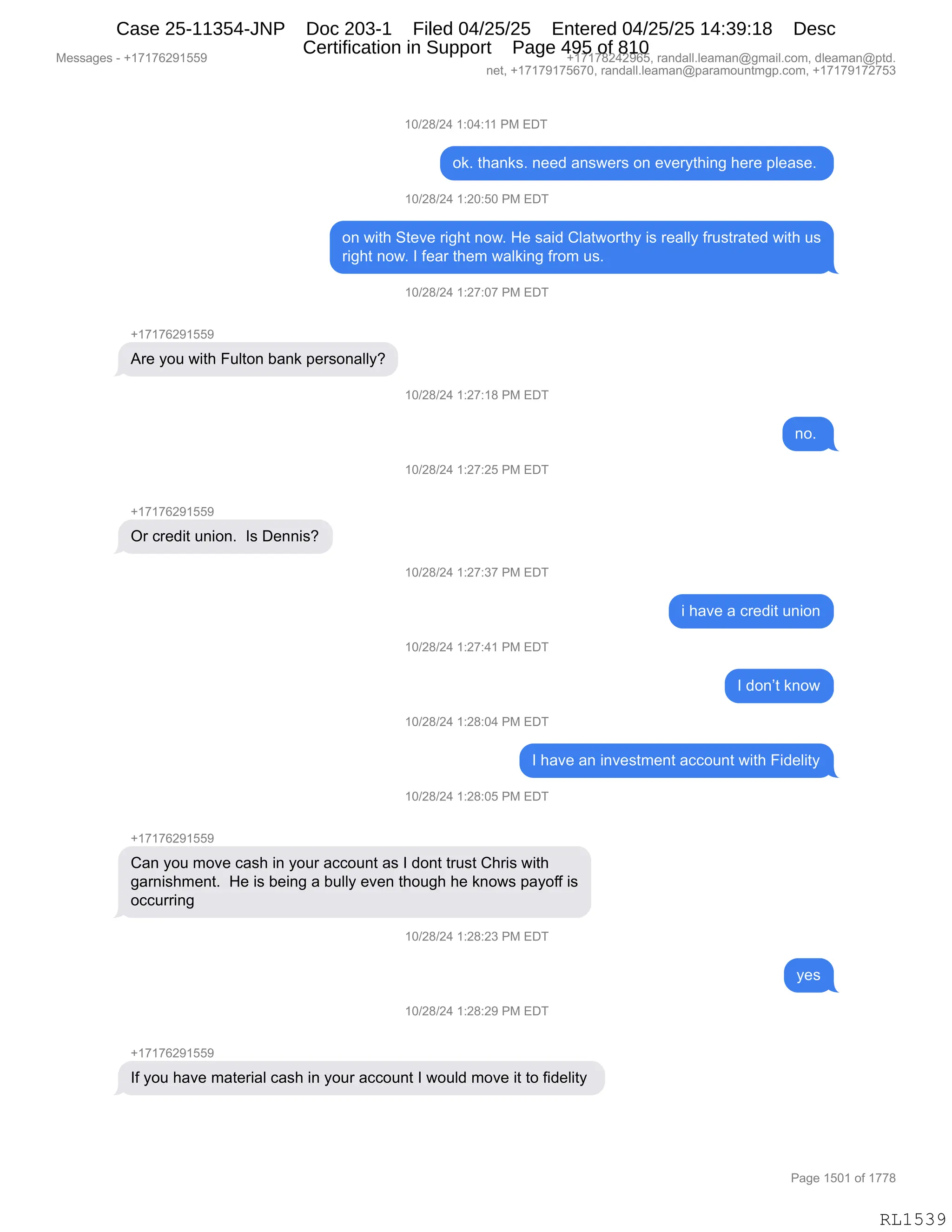 Daryl Heller Bankruptcy Court Filing (text messages and transcripts)