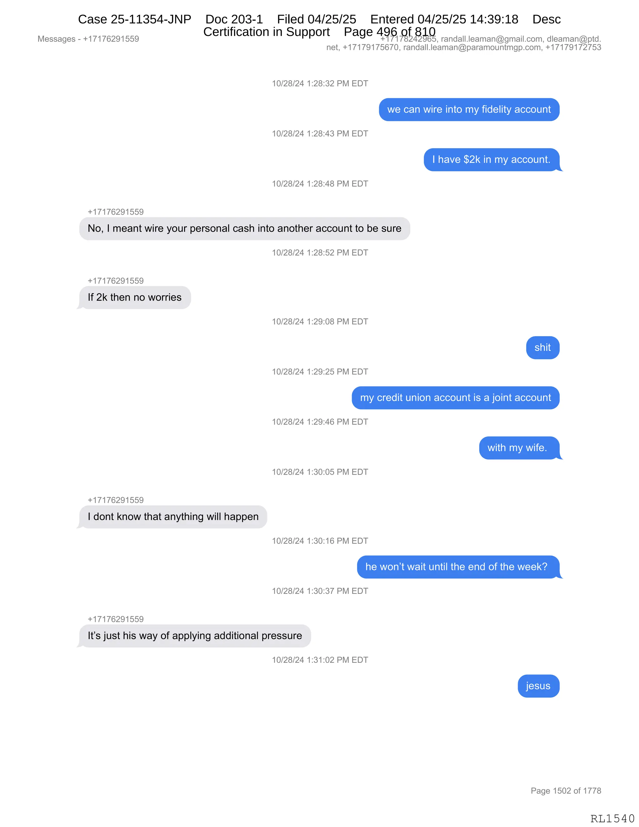 Daryl Heller Bankruptcy Court Filing (text messages and transcripts)