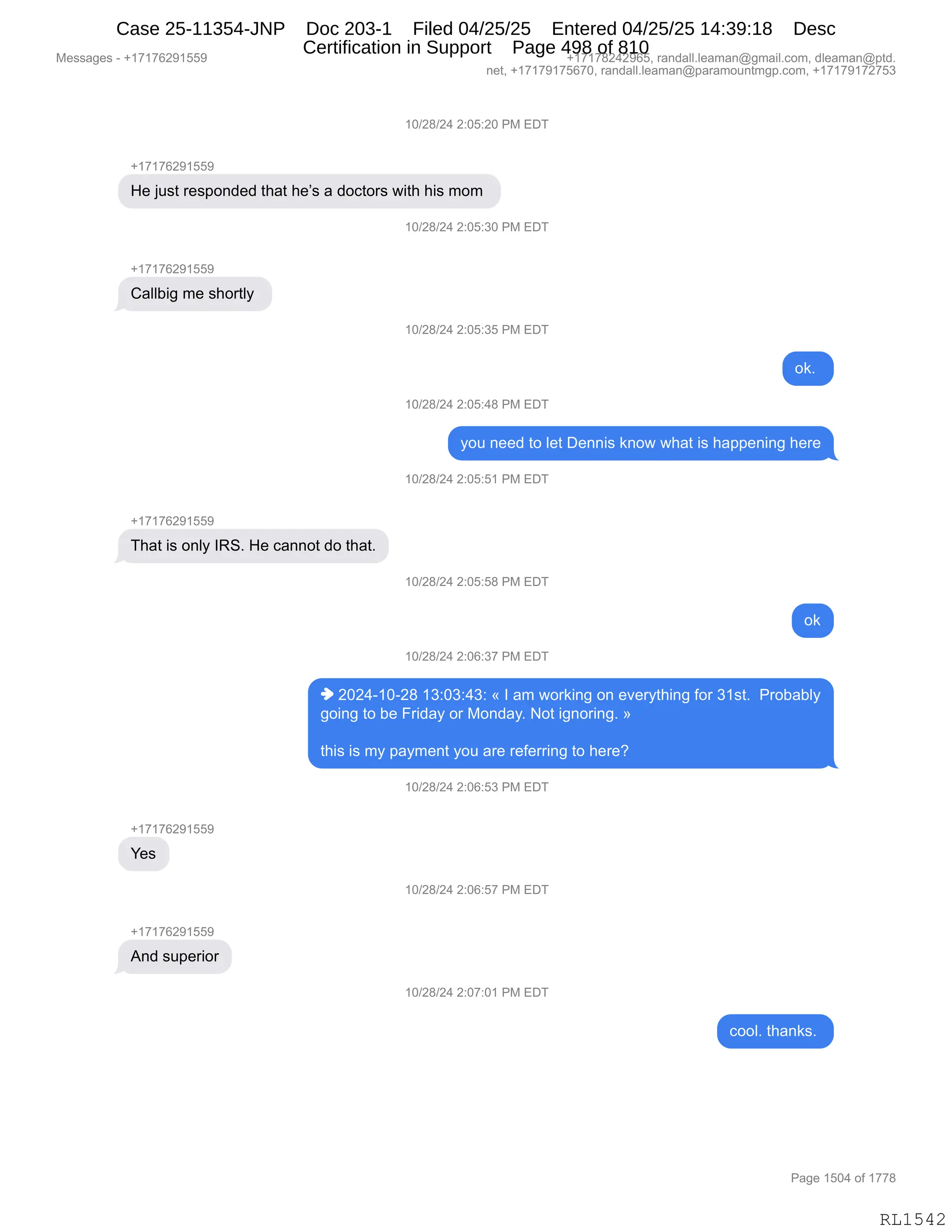 Daryl Heller Bankruptcy Court Filing (text messages and transcripts)