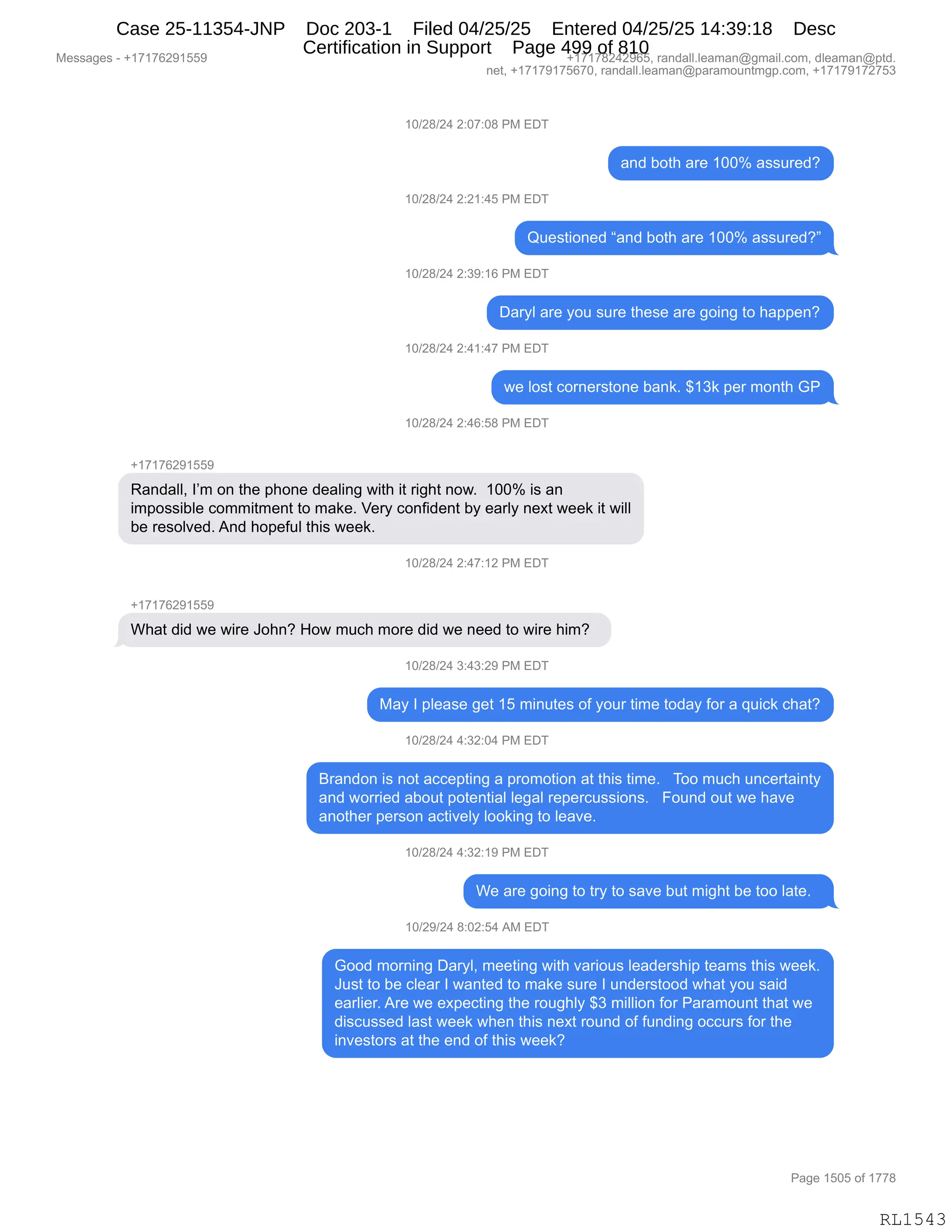 Daryl Heller Bankruptcy Court Filing (text messages and transcripts)