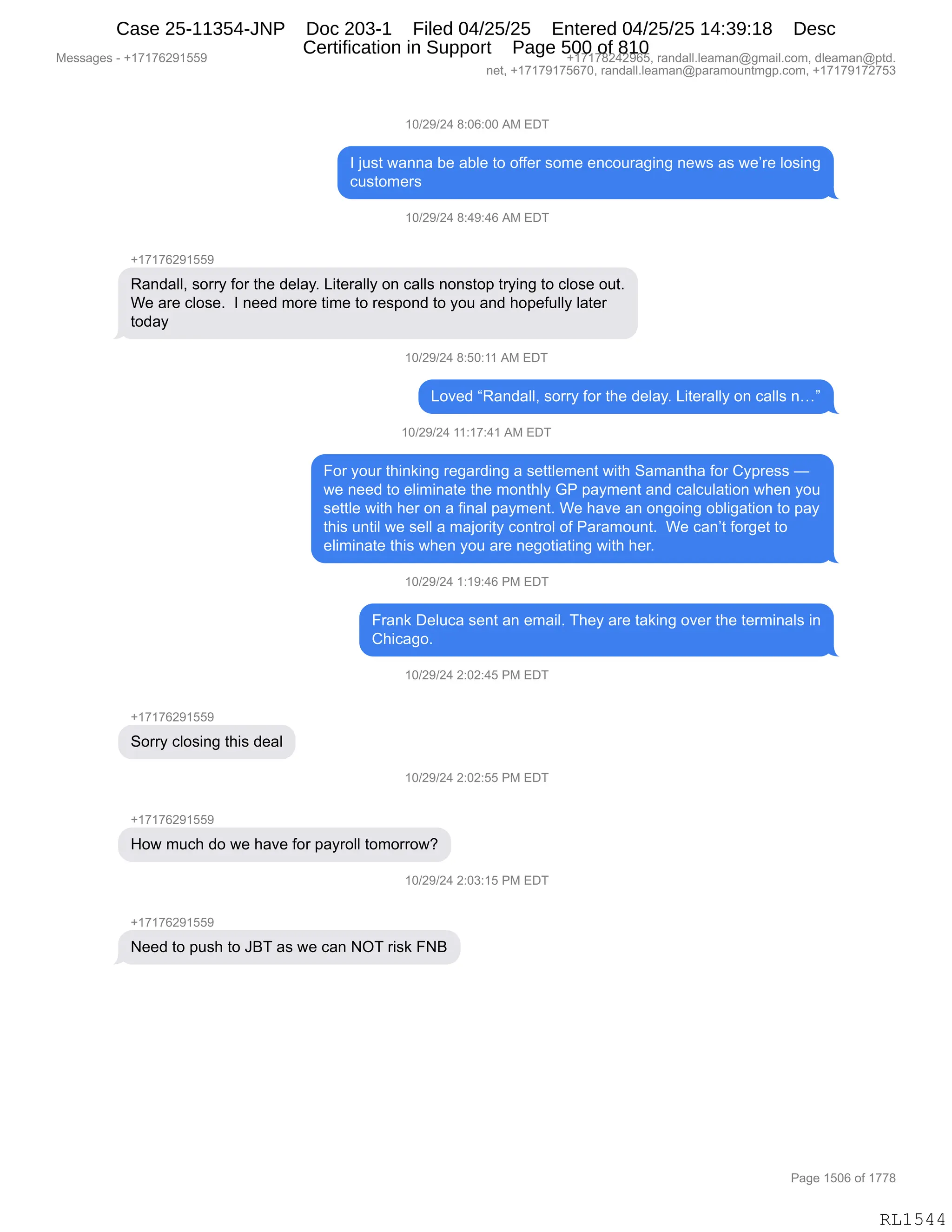 Daryl Heller Bankruptcy Court Filing (text messages and transcripts)