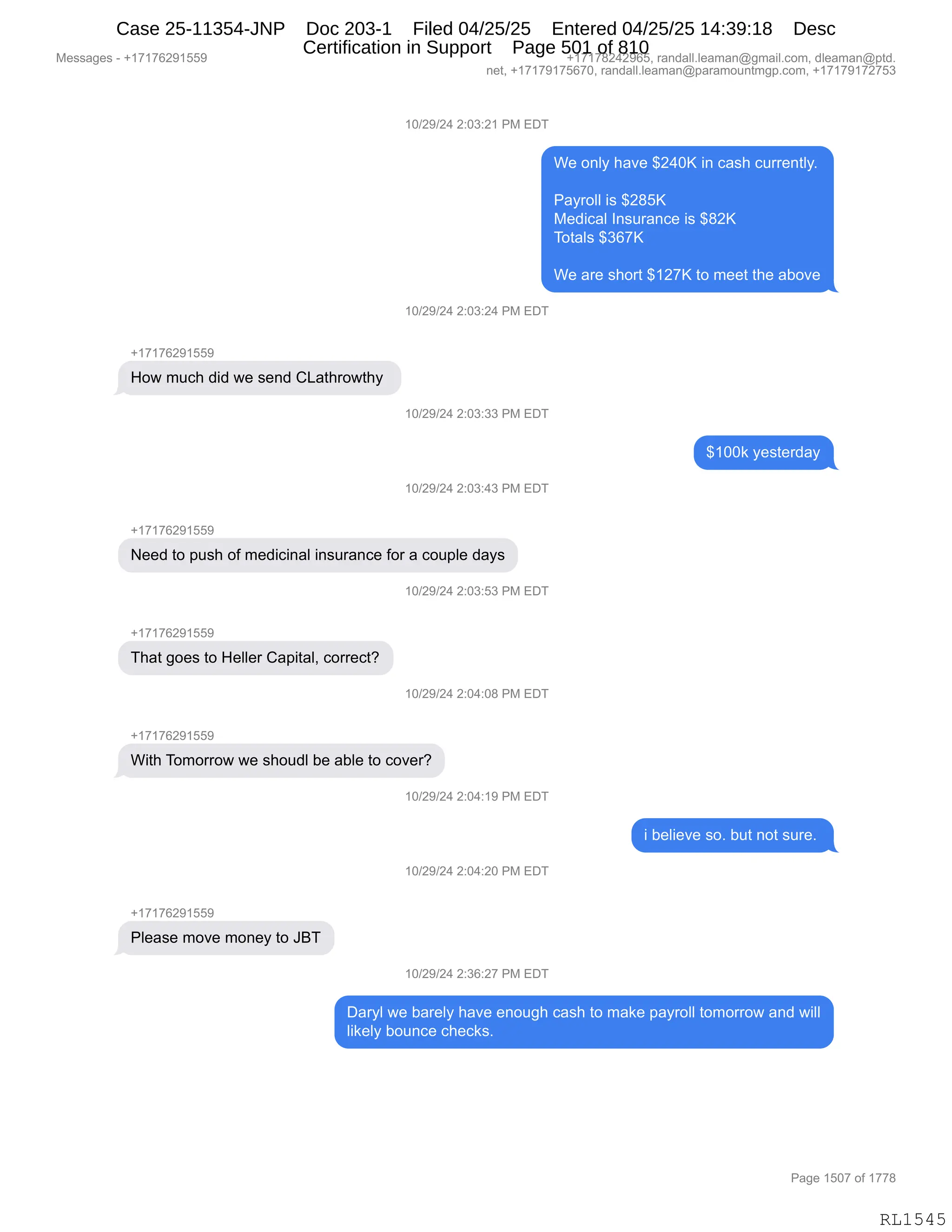 Daryl Heller Bankruptcy Court Filing (text messages and transcripts)