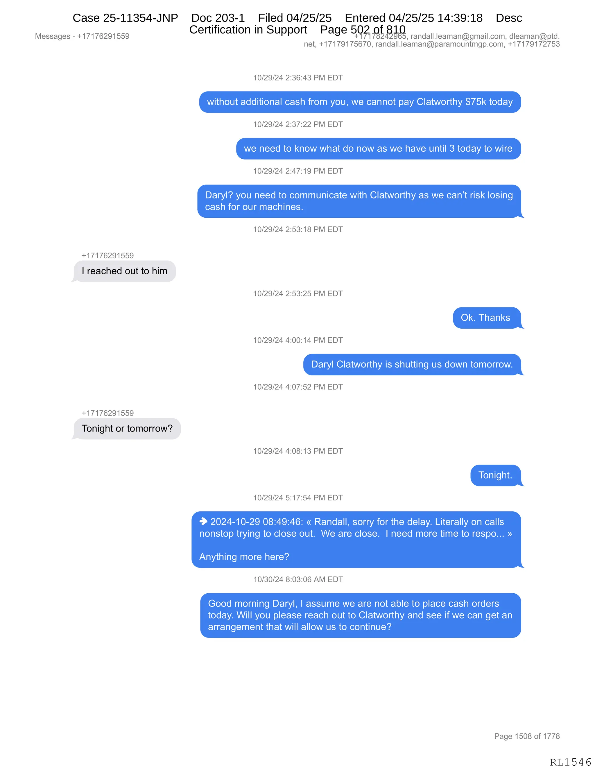 Daryl Heller Bankruptcy Court Filing (text messages and transcripts)