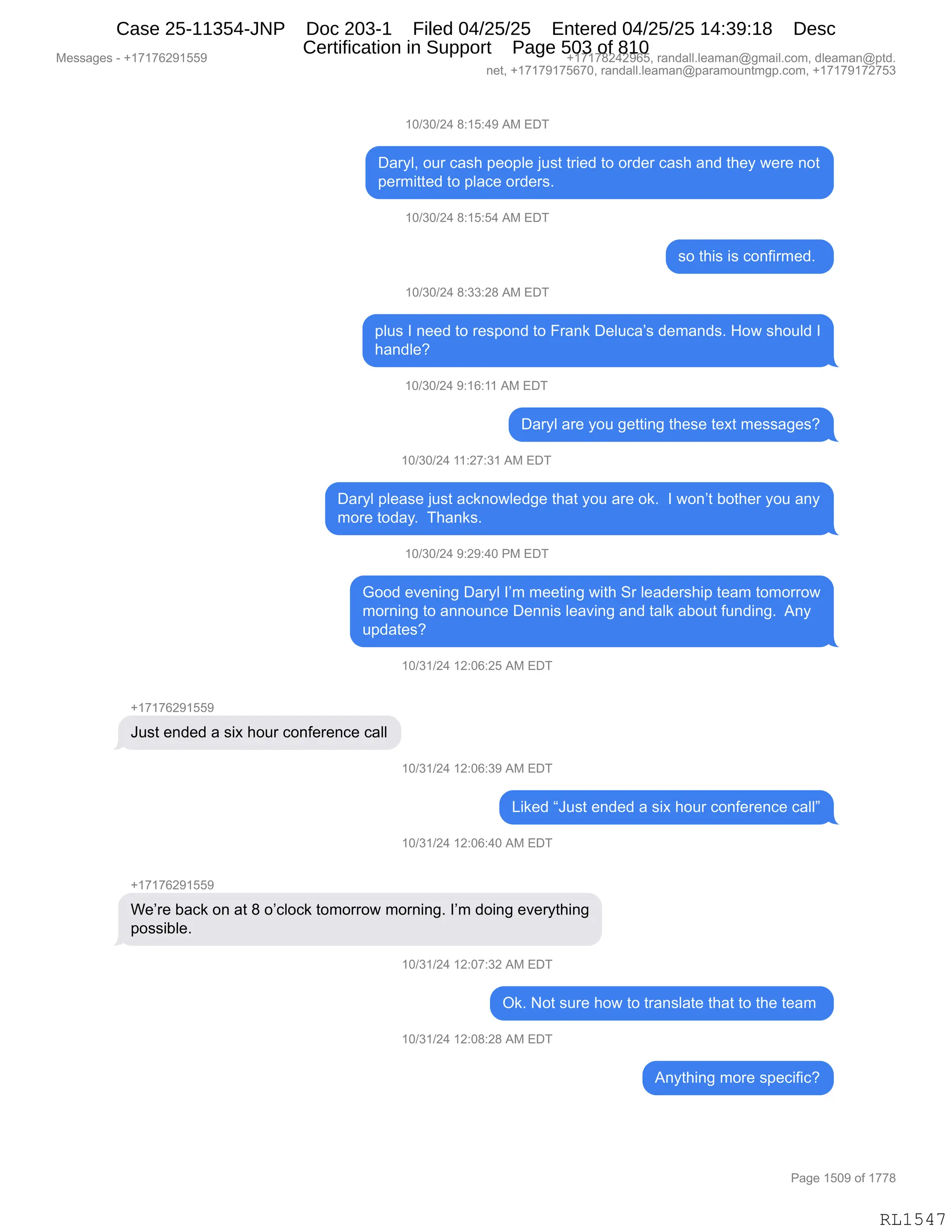 Daryl Heller Bankruptcy Court Filing (text messages and transcripts)