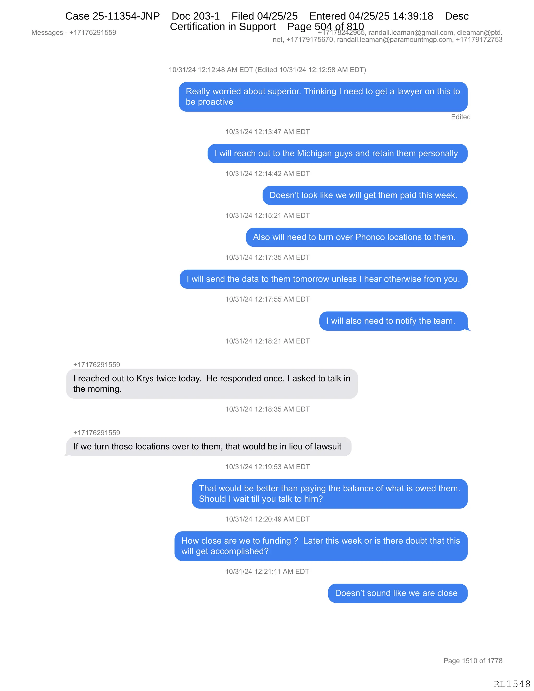 Daryl Heller Bankruptcy Court Filing (text messages and transcripts)