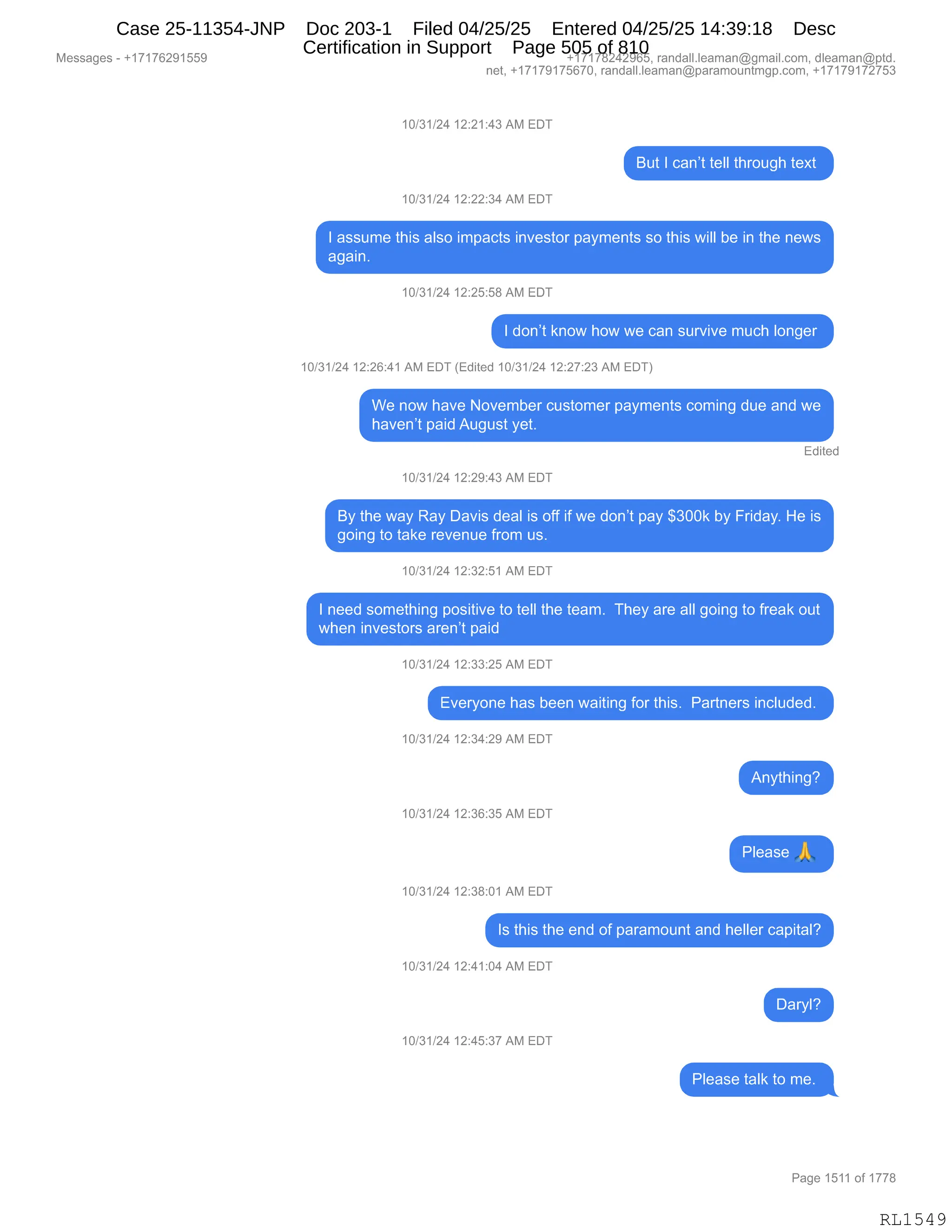 Daryl Heller Bankruptcy Court Filing (text messages and transcripts)