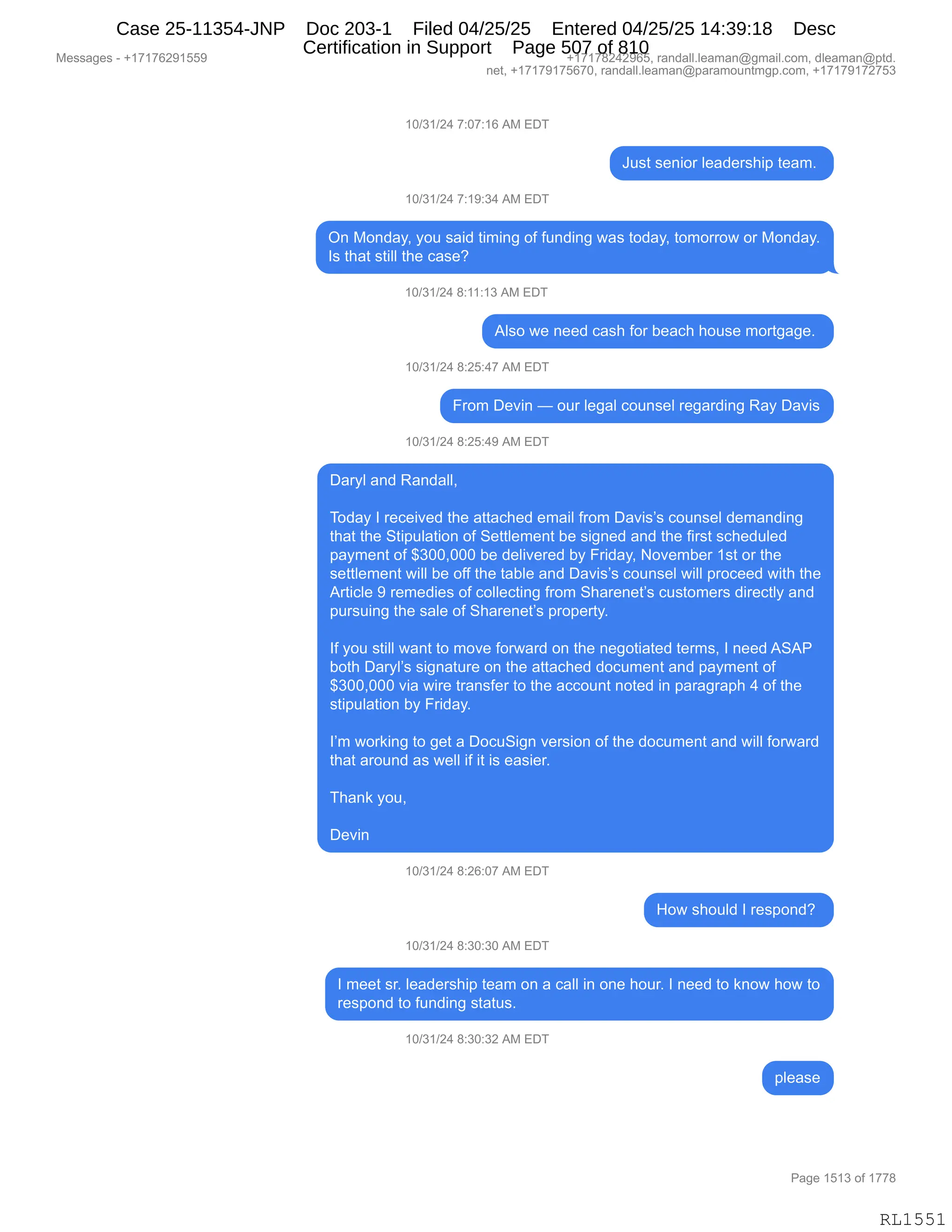 Daryl Heller Bankruptcy Court Filing (text messages and transcripts)