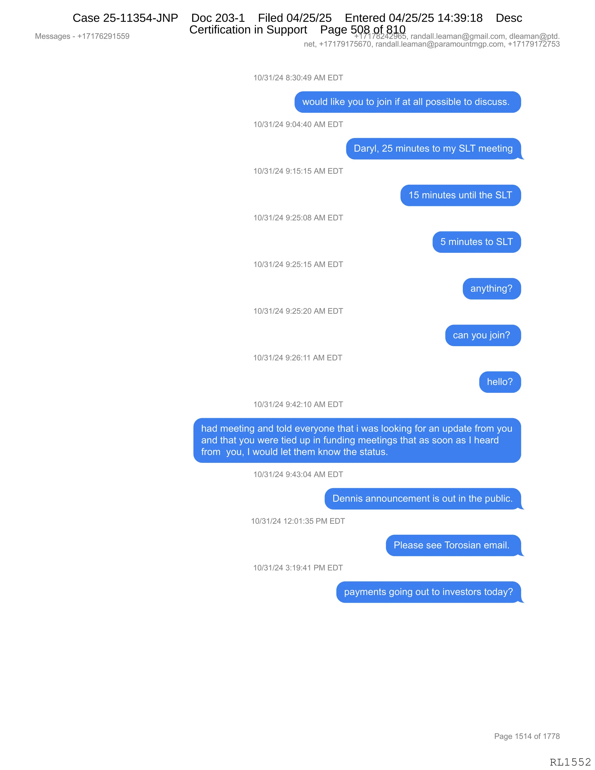 Daryl Heller Bankruptcy Court Filing (text messages and transcripts)