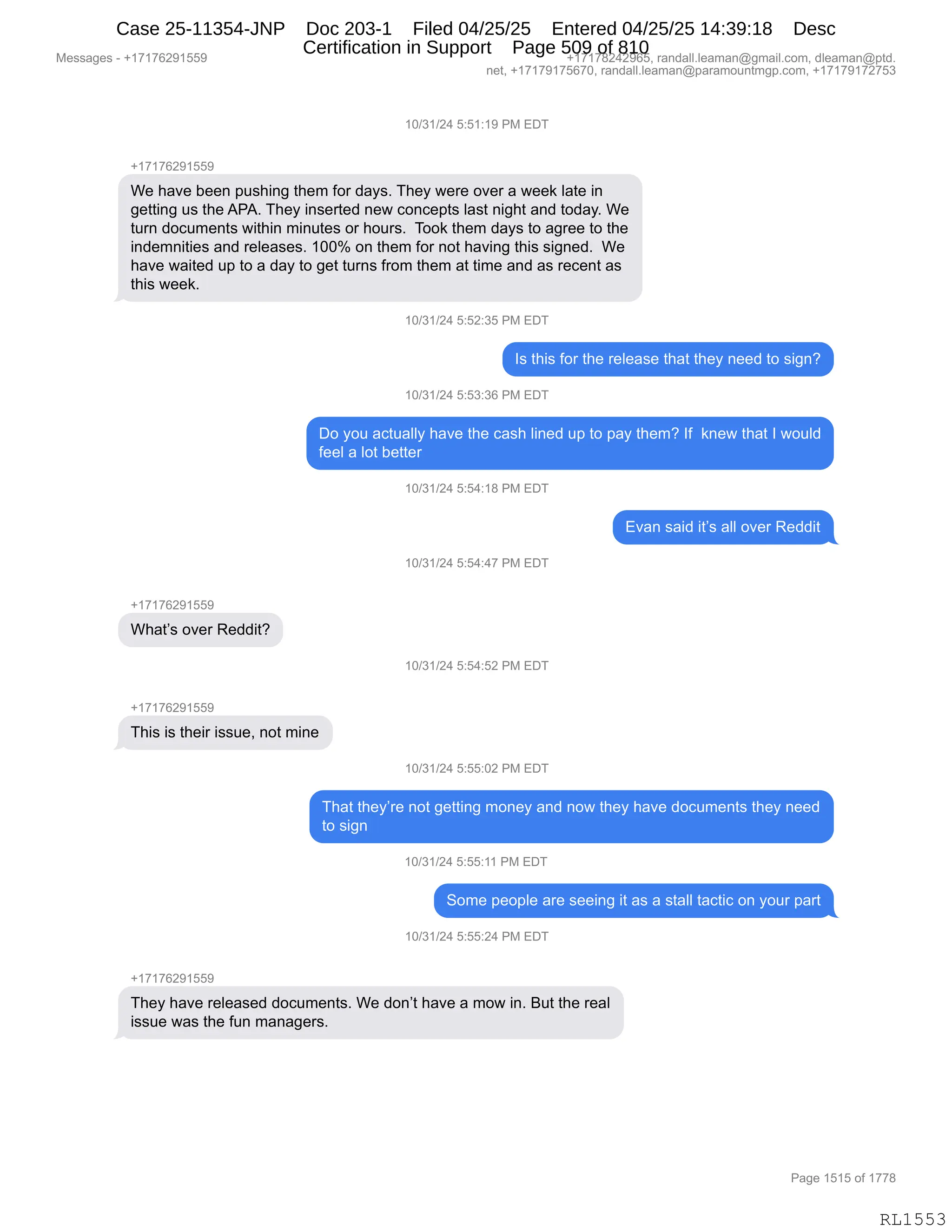 Daryl Heller Bankruptcy Court Filing (text messages and transcripts)