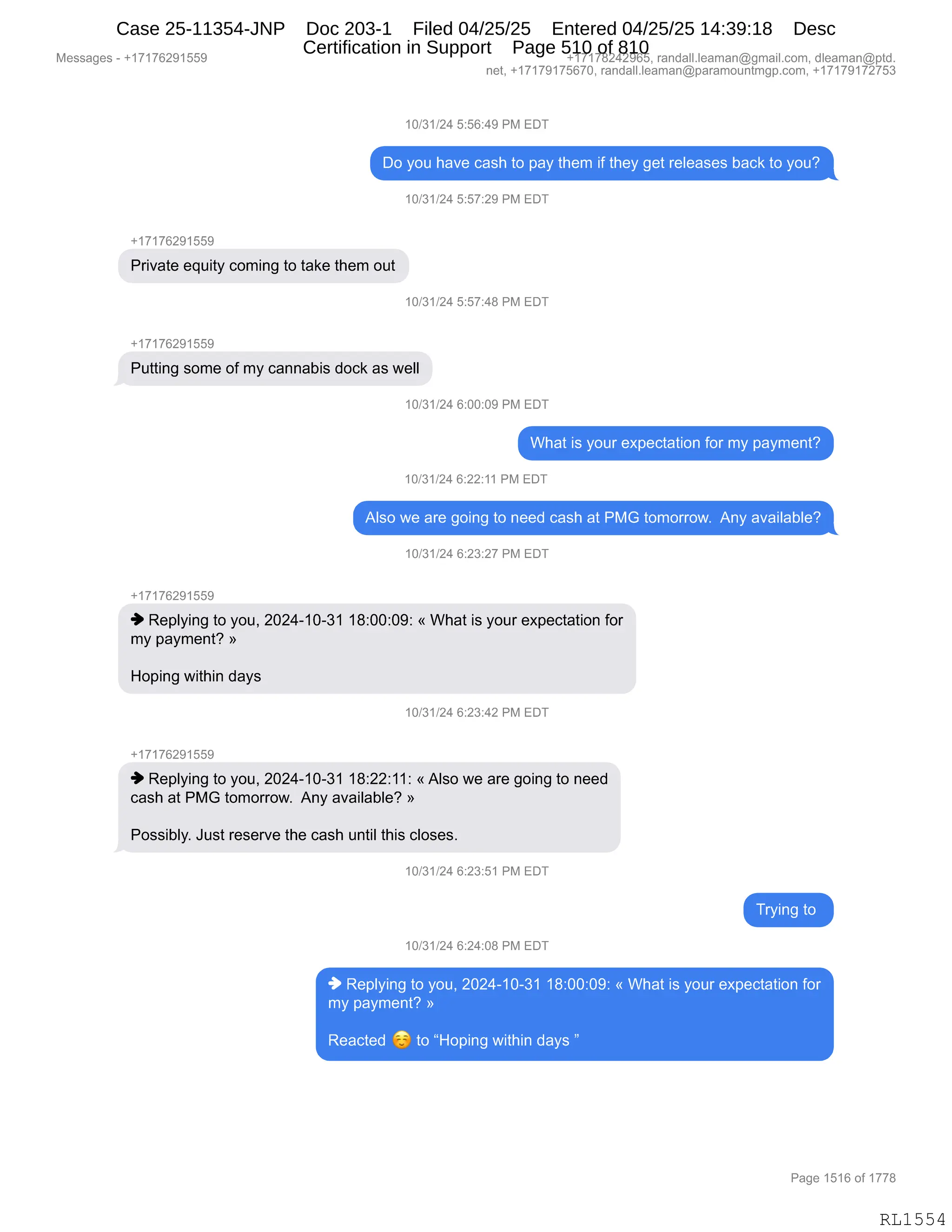 Daryl Heller Bankruptcy Court Filing (text messages and transcripts)