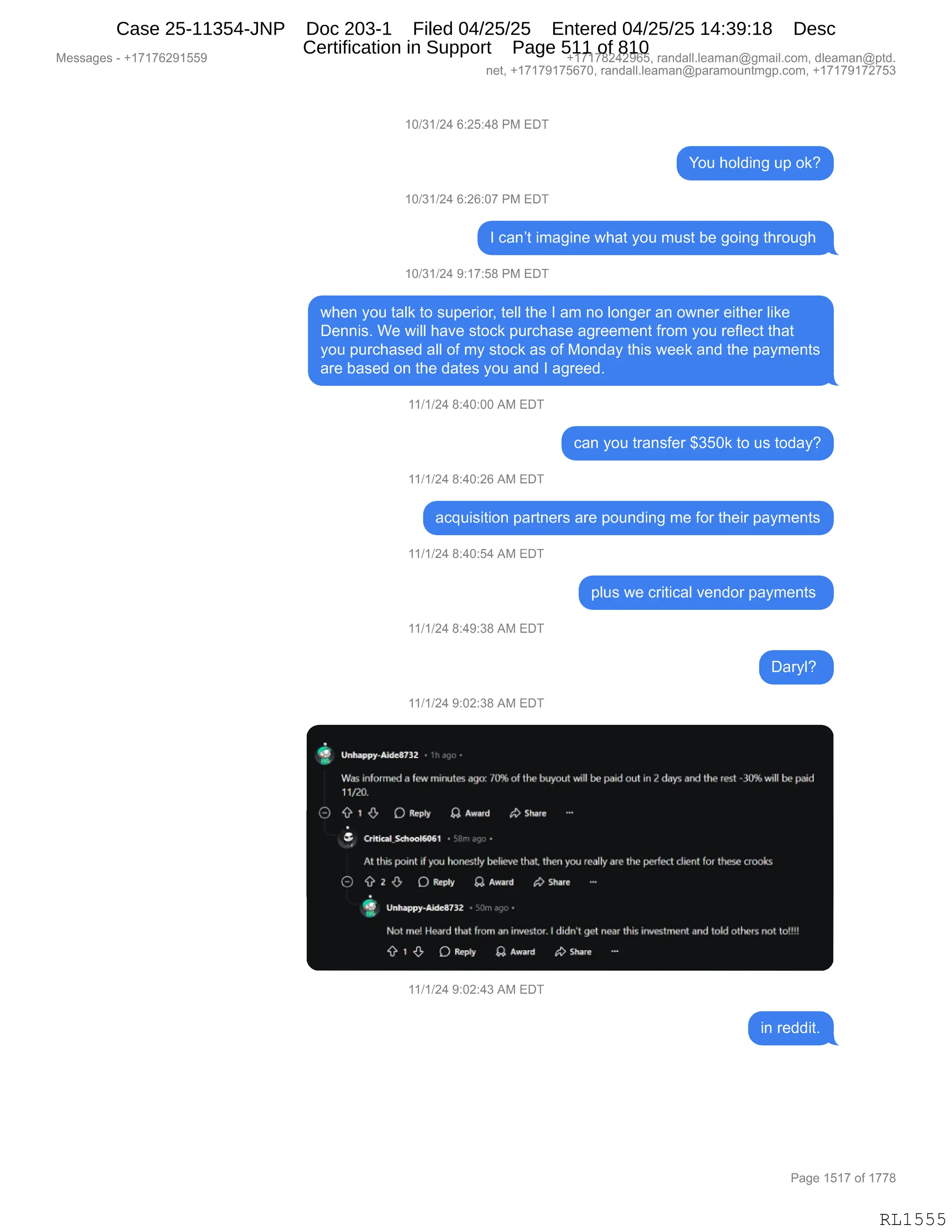 Daryl Heller Bankruptcy Court Filing (text messages and transcripts)