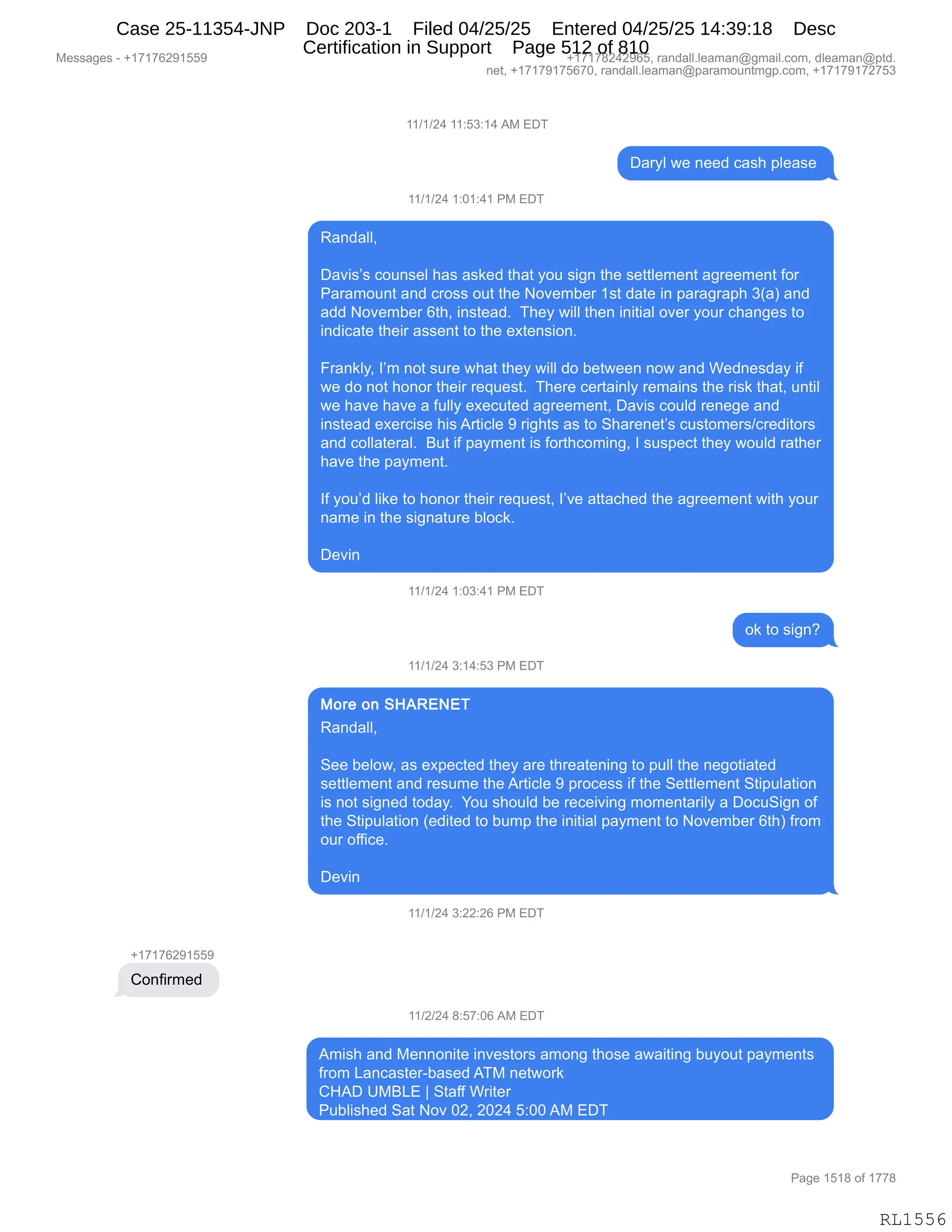 Daryl Heller Bankruptcy Court Filing (text messages and transcripts)