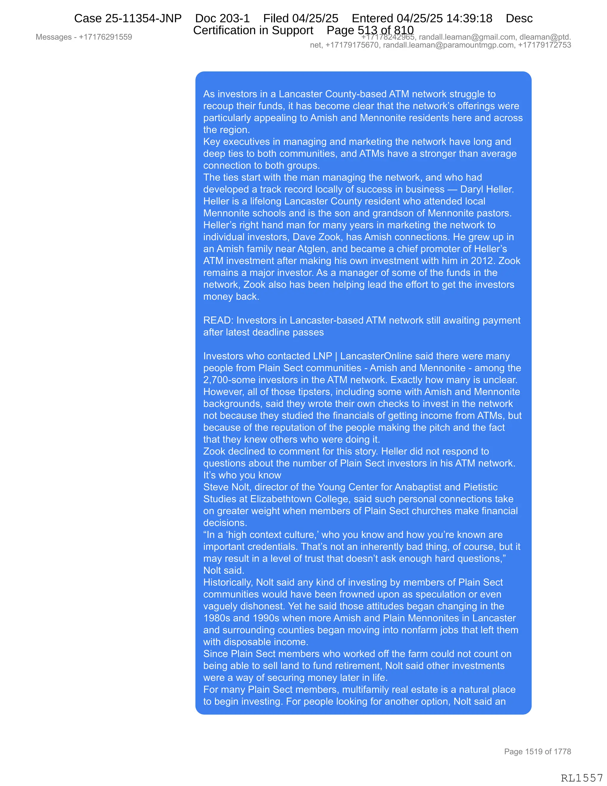 Daryl Heller Bankruptcy Court Filing (text messages and transcripts)