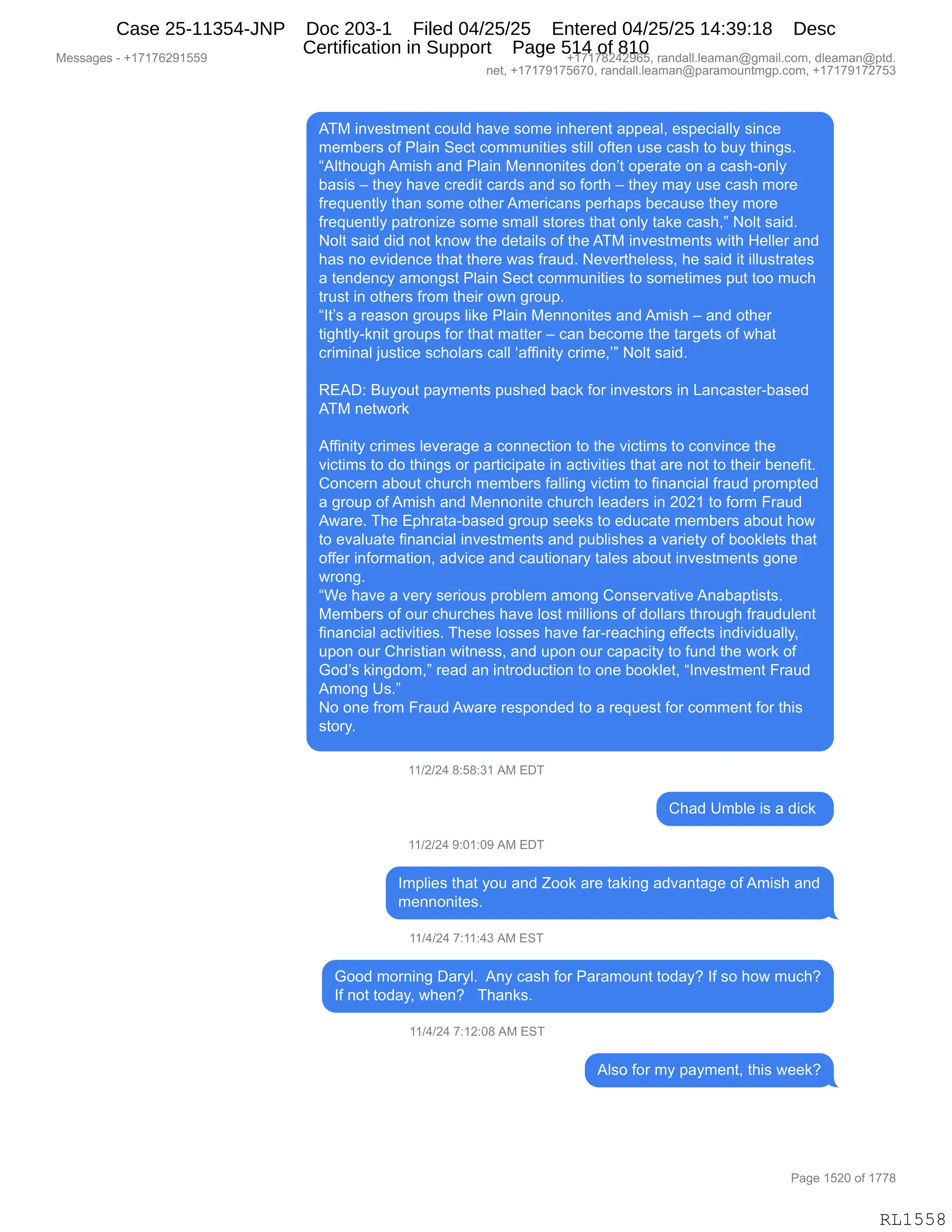 Daryl Heller Bankruptcy Court Filing (text messages and transcripts)