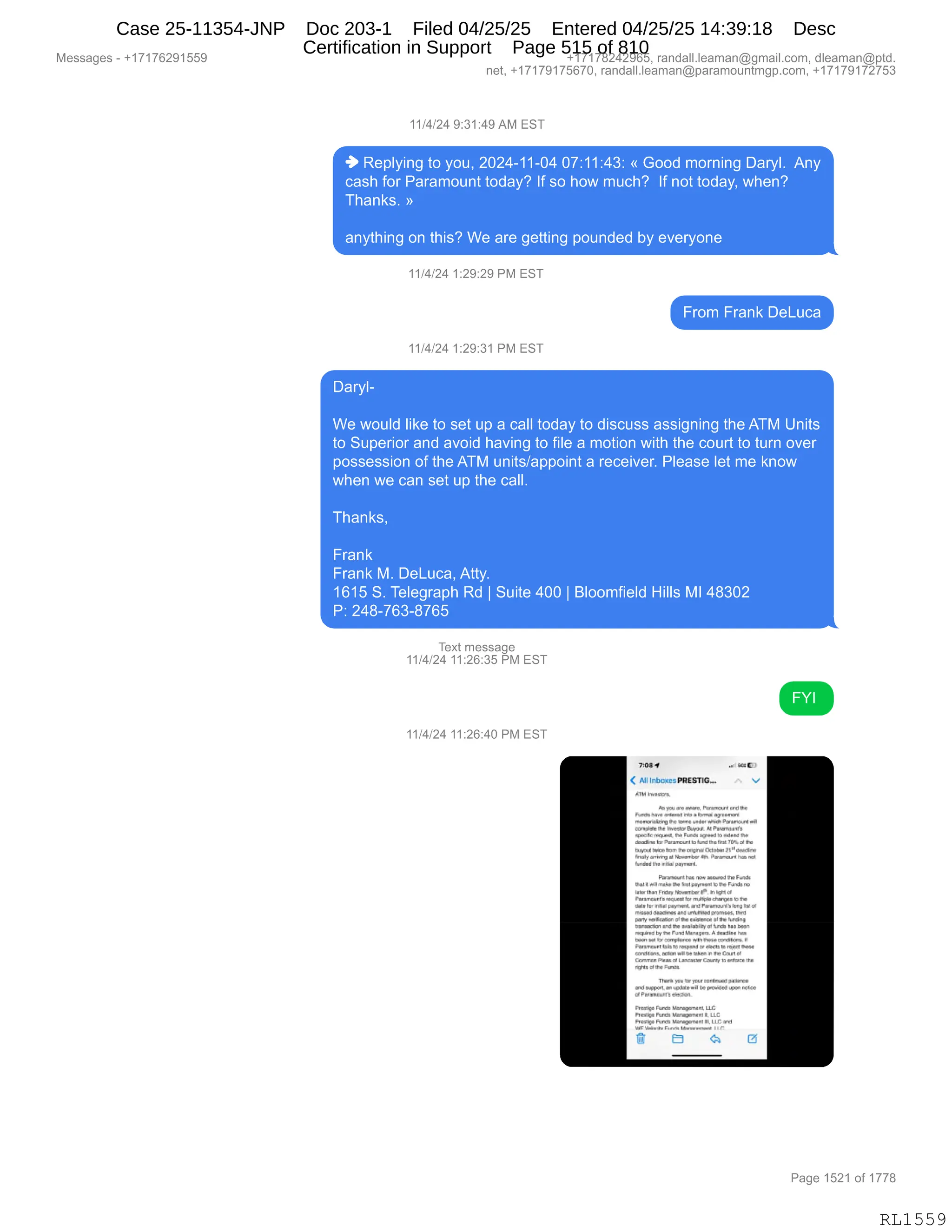 Daryl Heller Bankruptcy Court Filing (text messages and transcripts)