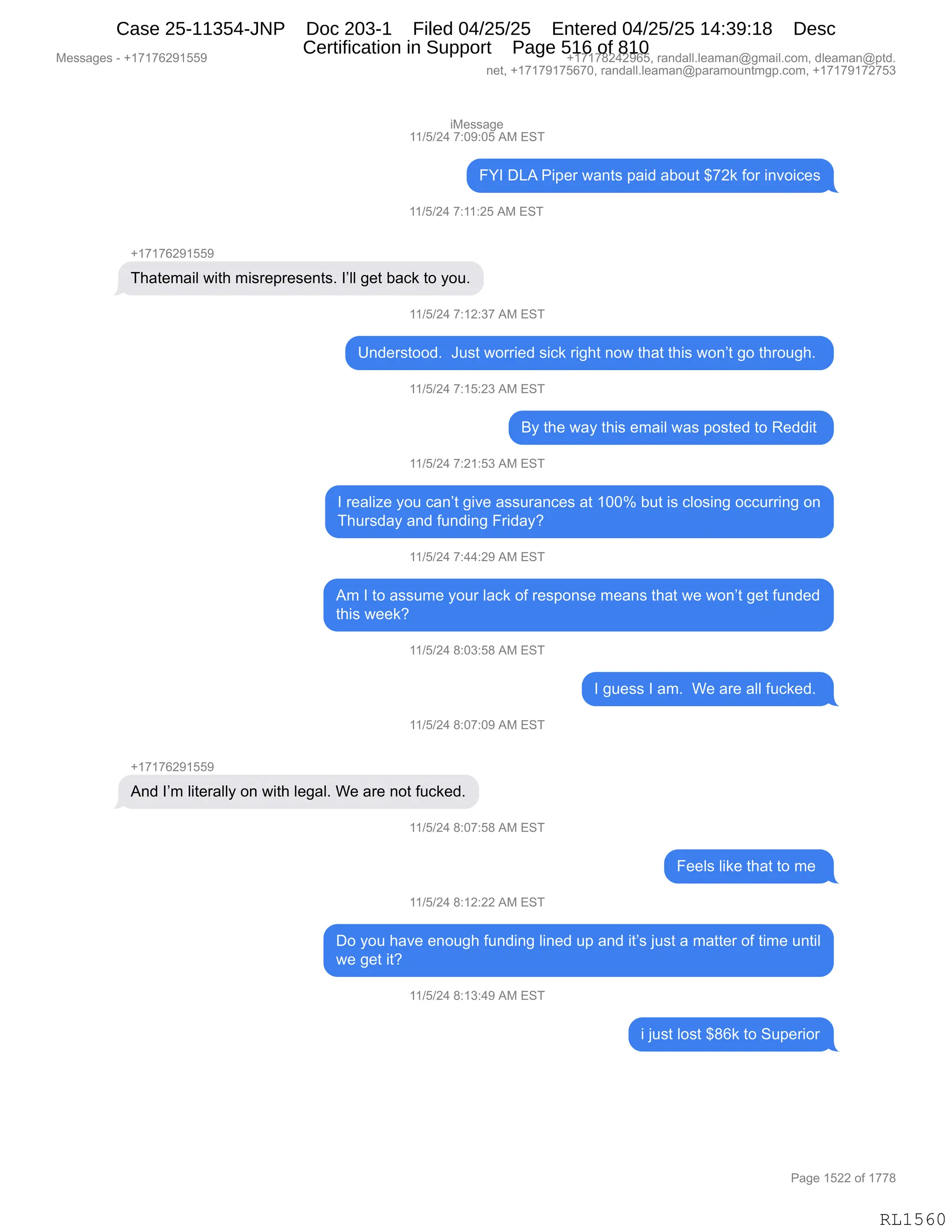 Daryl Heller Bankruptcy Court Filing (text messages and transcripts)