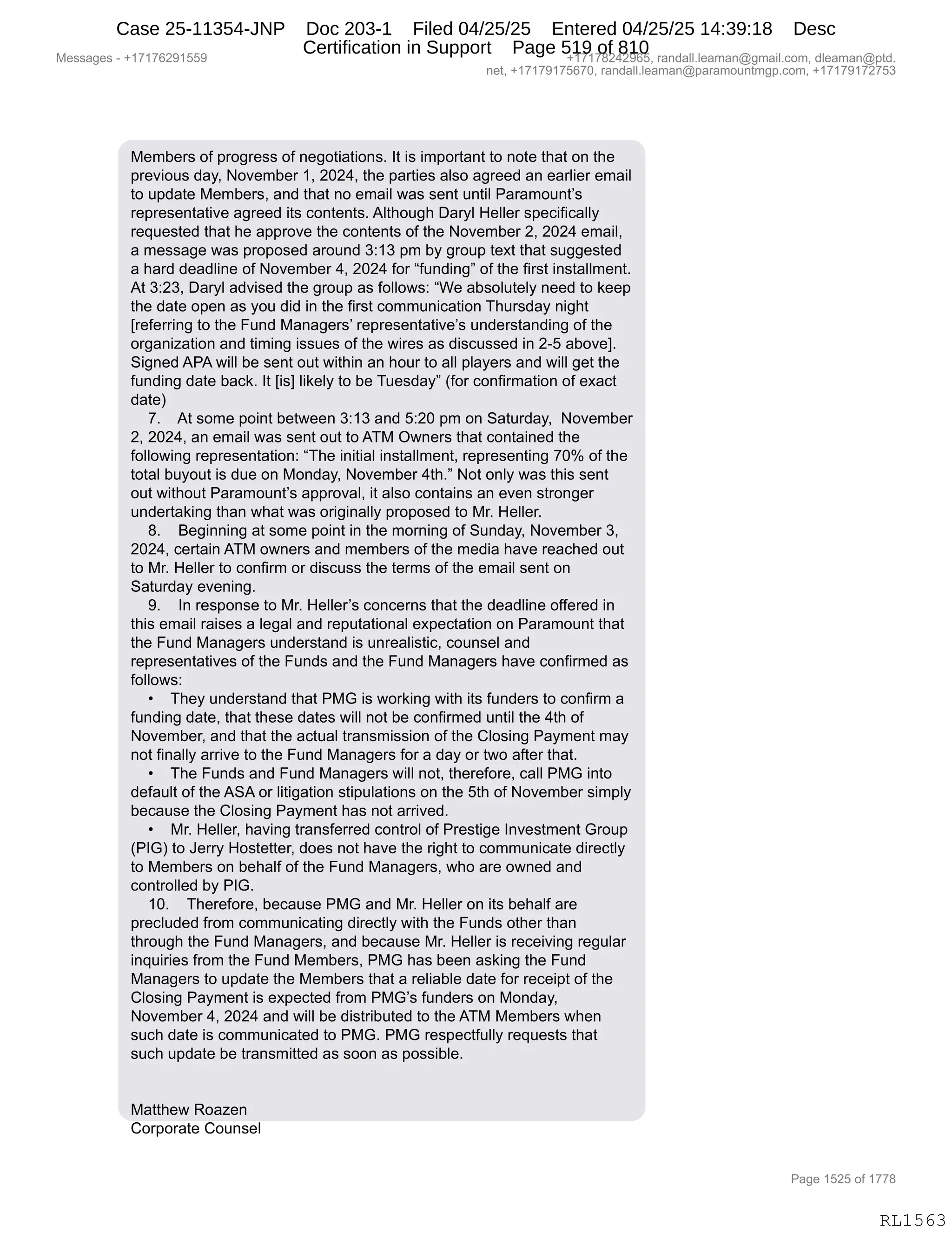 Daryl Heller Bankruptcy Court Filing (text messages and transcripts)