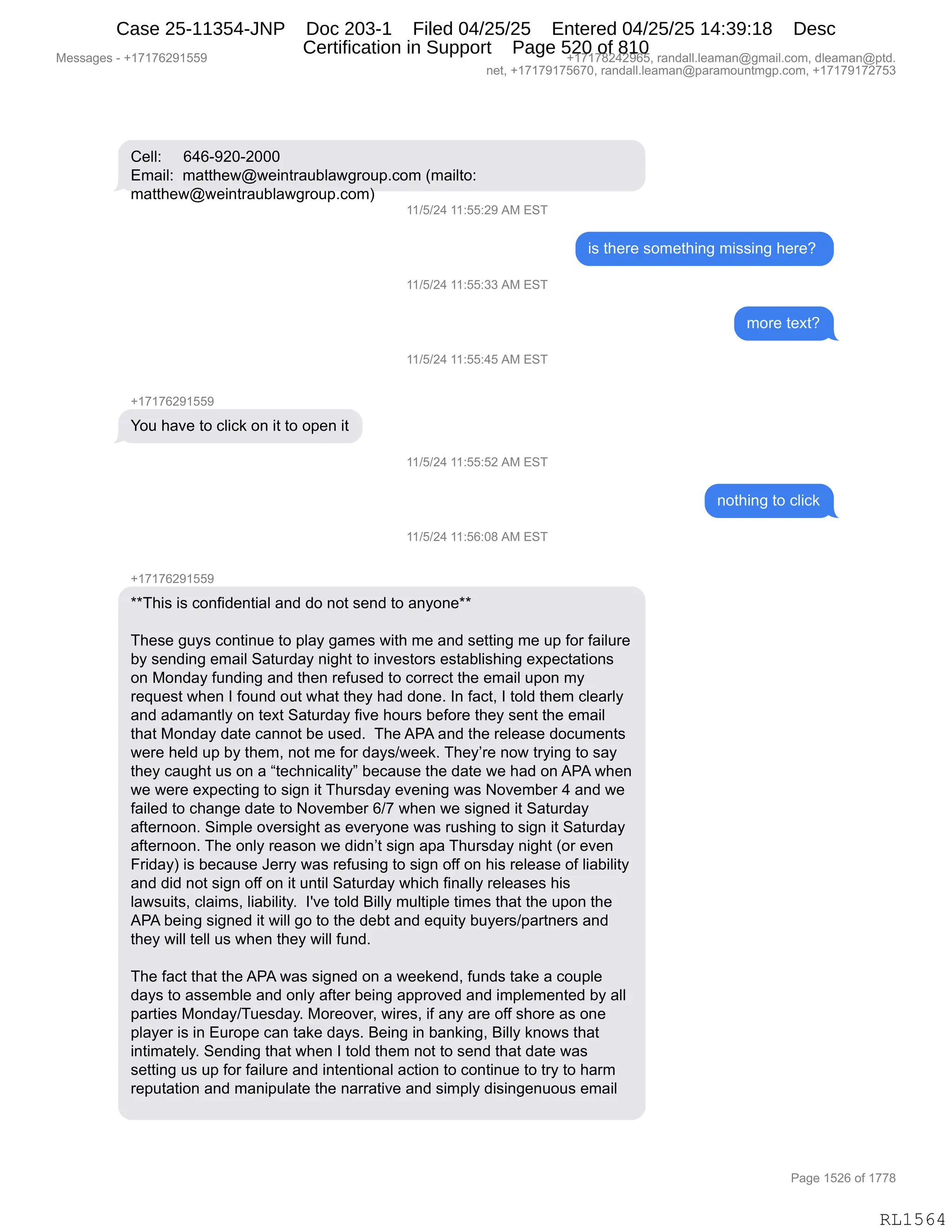 Daryl Heller Bankruptcy Court Filing (text messages and transcripts)