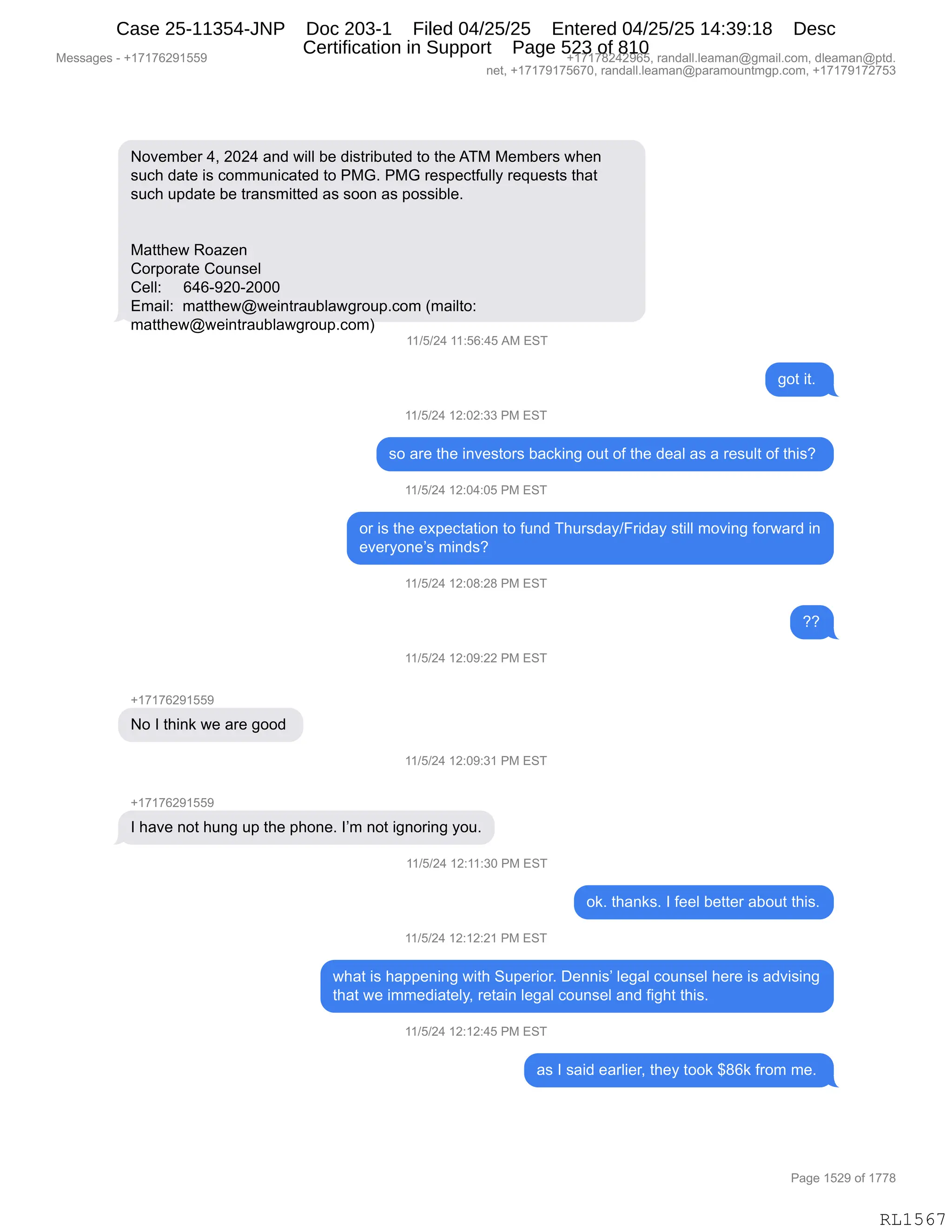 Daryl Heller Bankruptcy Court Filing (text messages and transcripts)