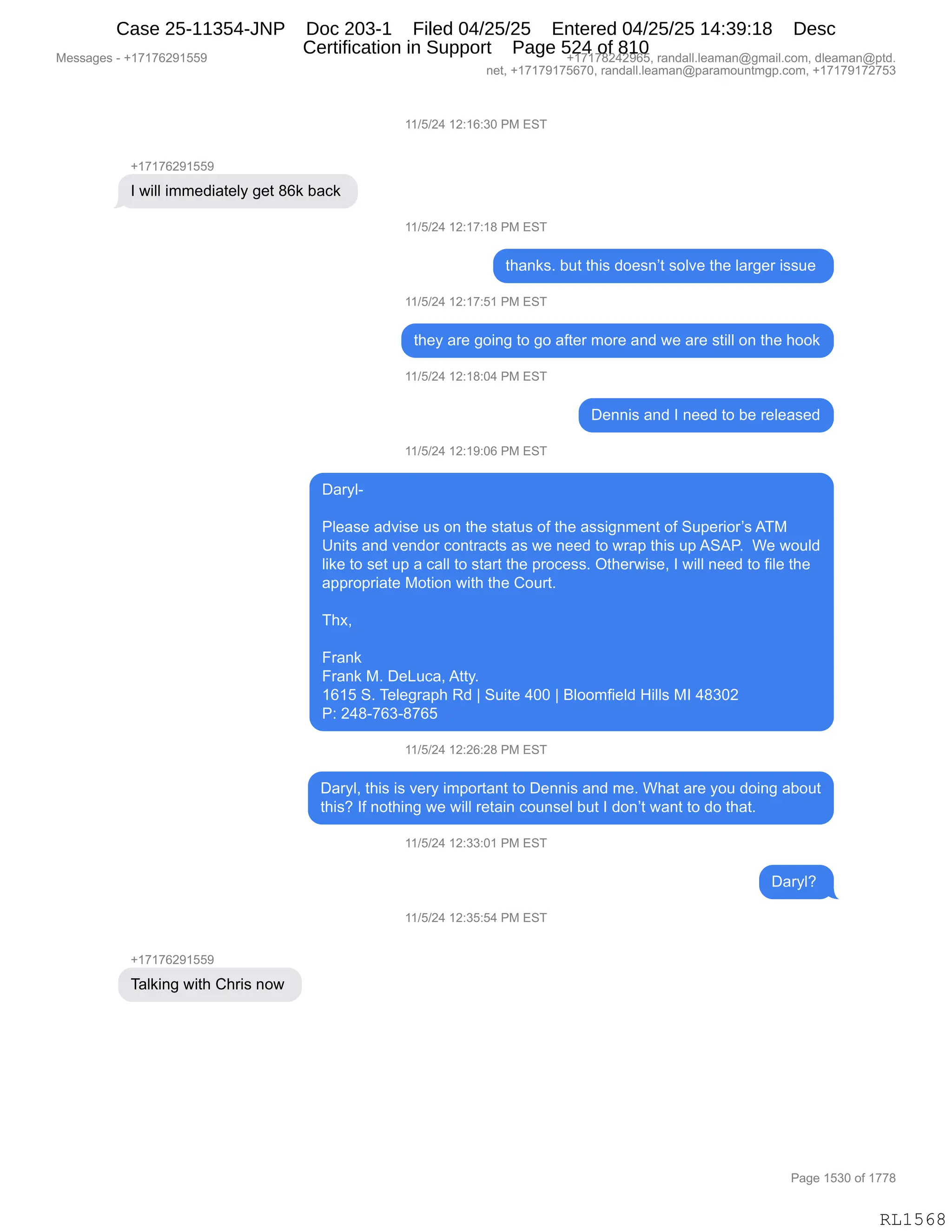 Daryl Heller Bankruptcy Court Filing (text messages and transcripts)