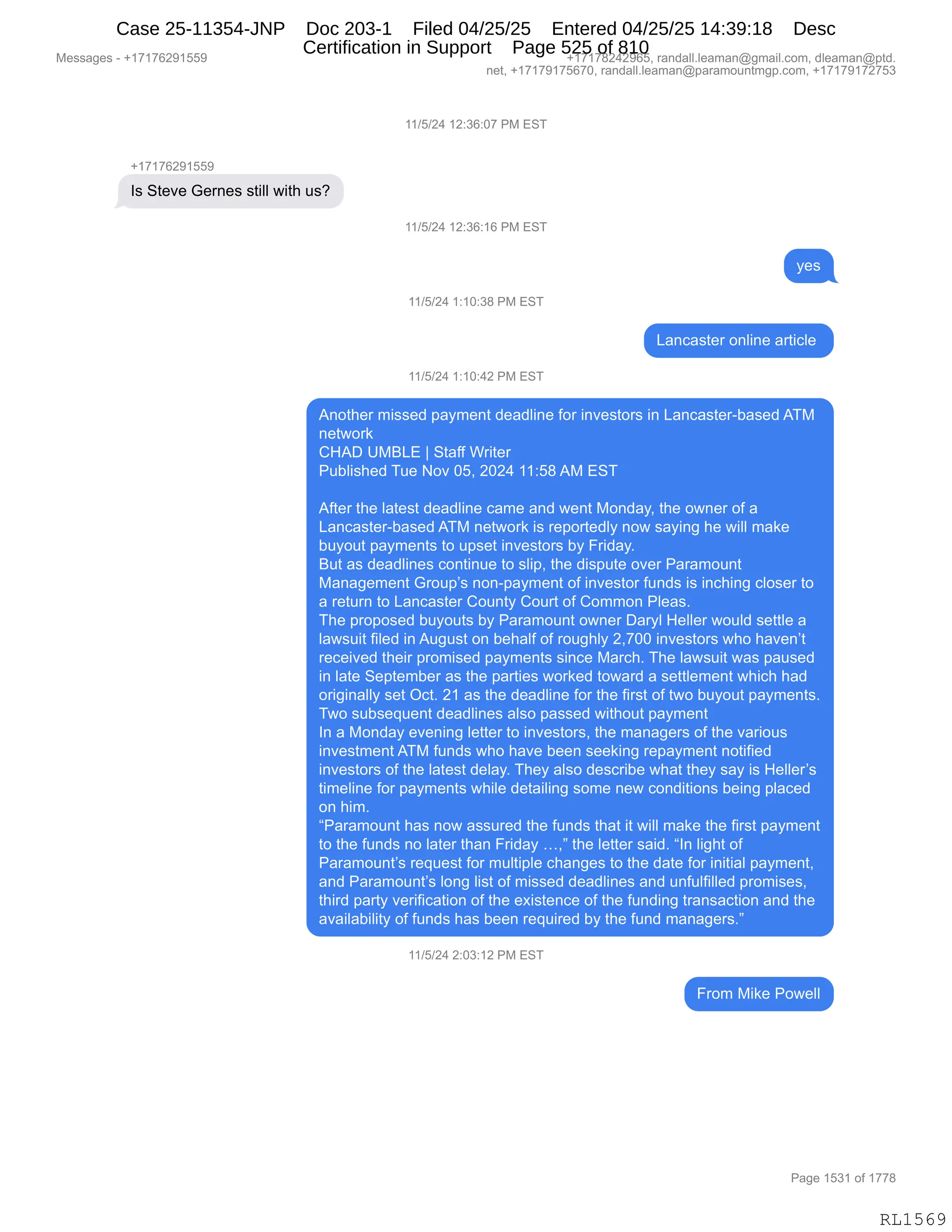 Daryl Heller Bankruptcy Court Filing (text messages and transcripts)