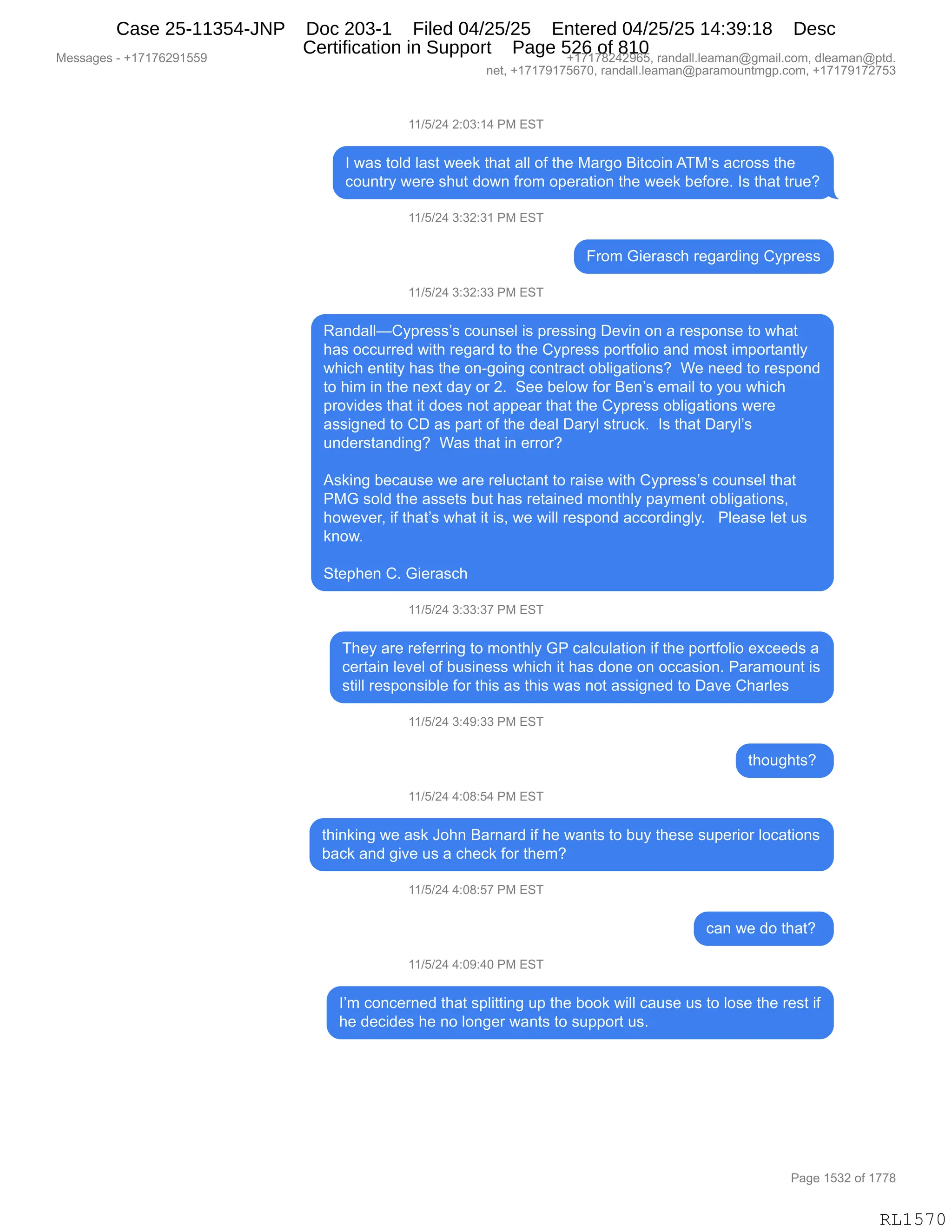 Daryl Heller Bankruptcy Court Filing (text messages and transcripts)