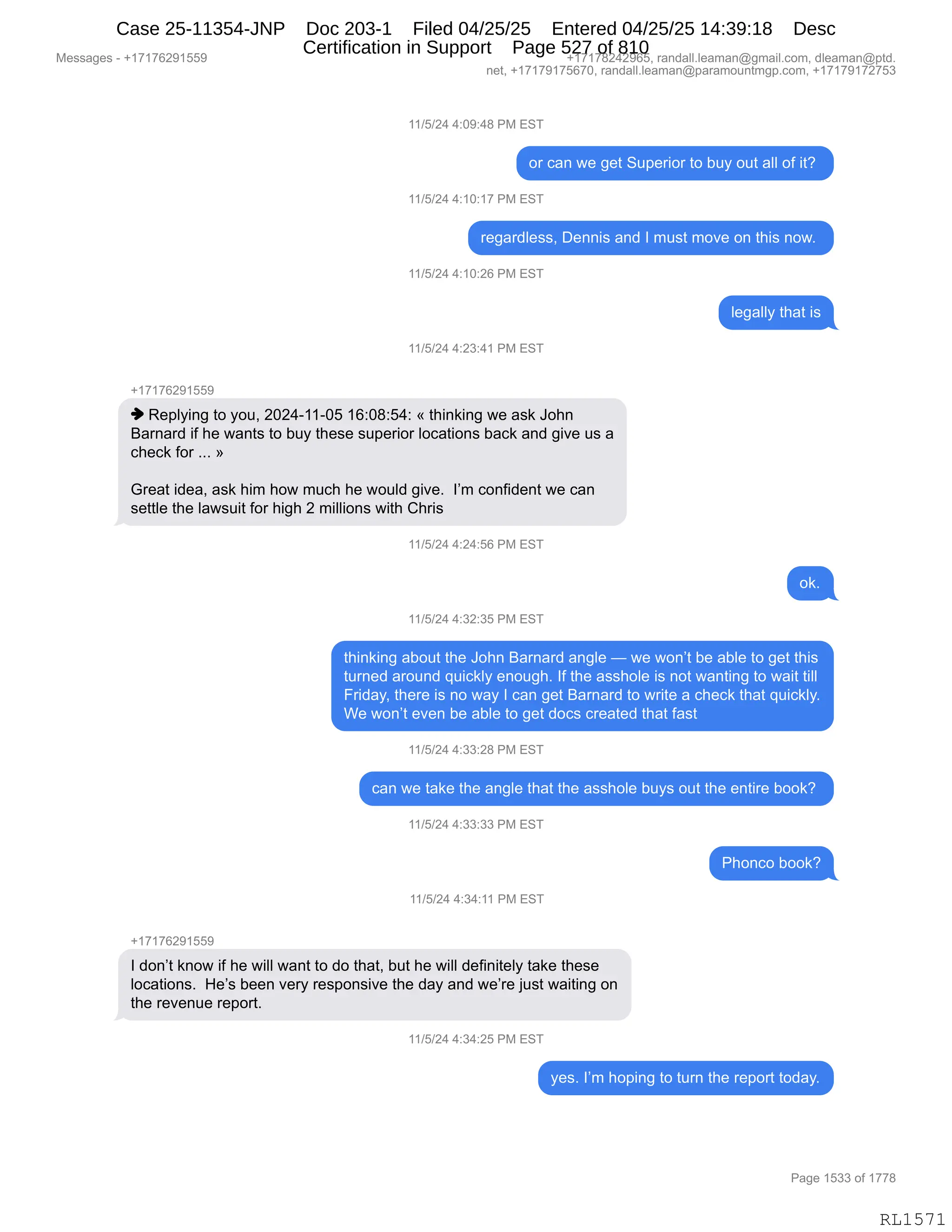 Daryl Heller Bankruptcy Court Filing (text messages and transcripts)