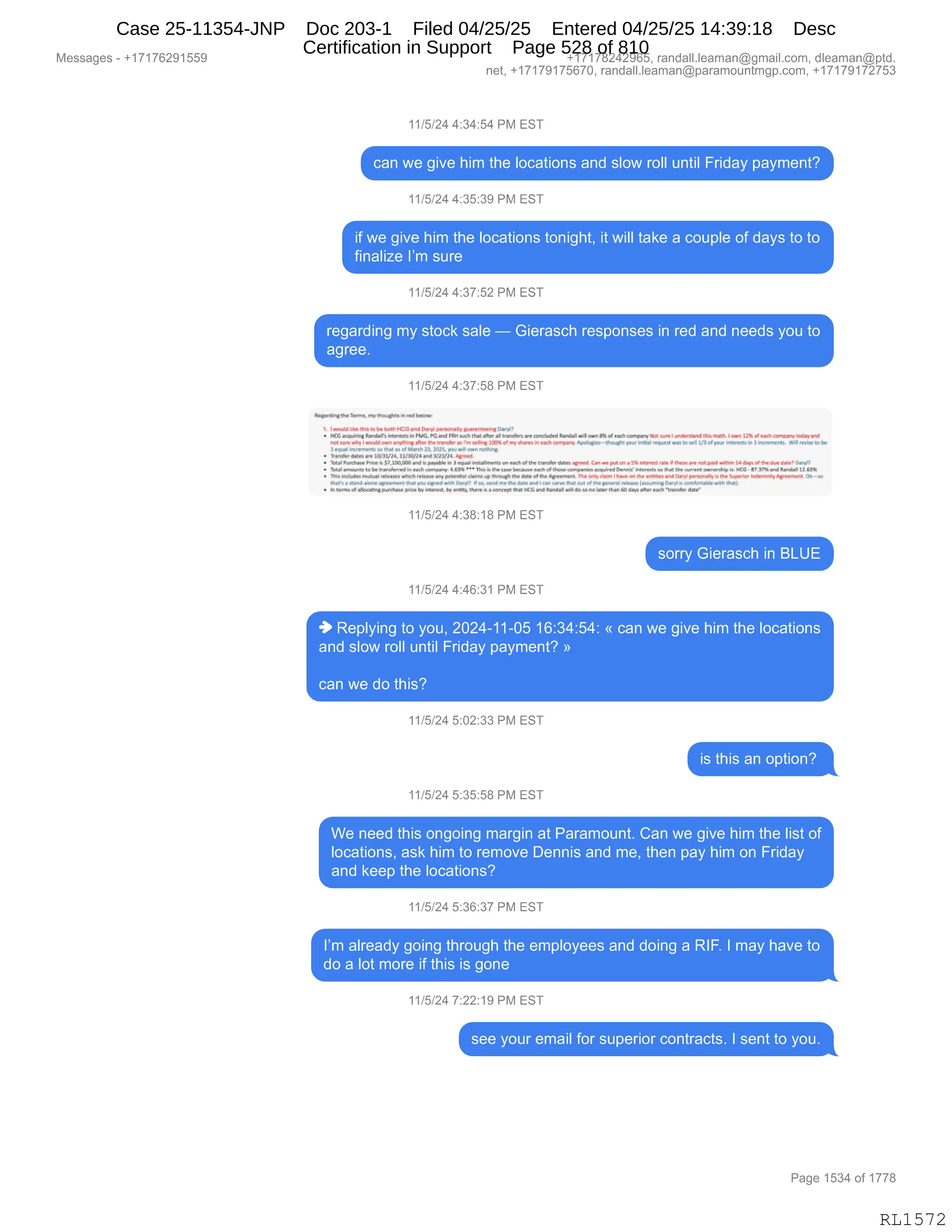 Daryl Heller Bankruptcy Court Filing (text messages and transcripts)