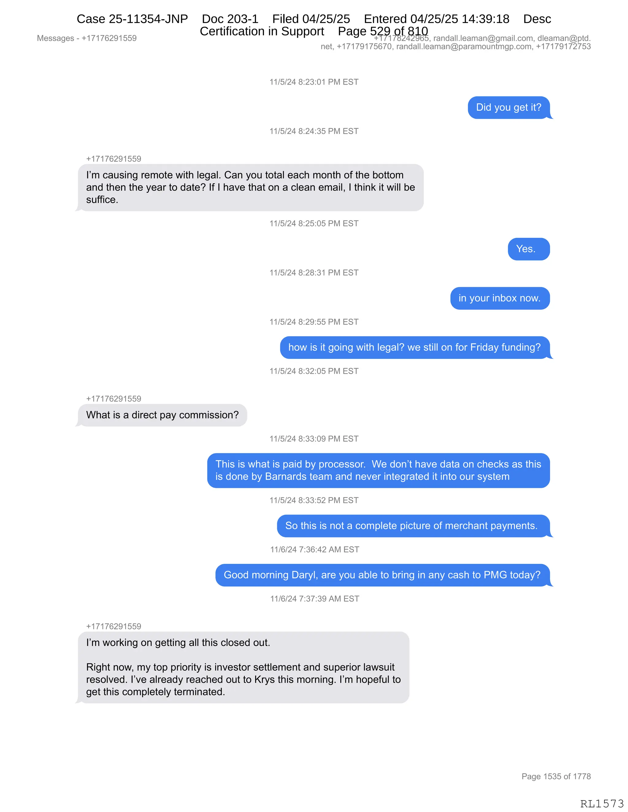 Daryl Heller Bankruptcy Court Filing (text messages and transcripts)