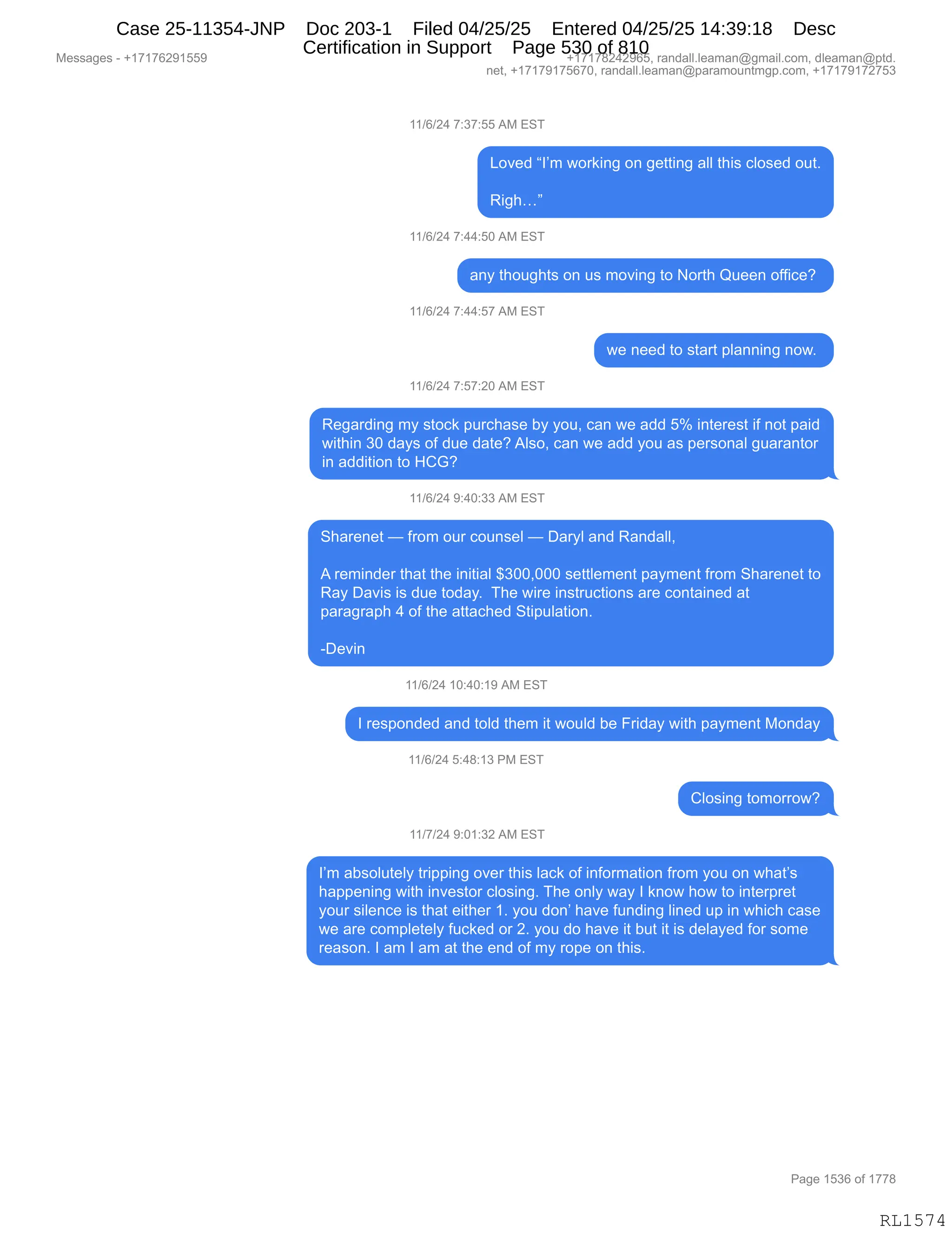 Daryl Heller Bankruptcy Court Filing (text messages and transcripts)