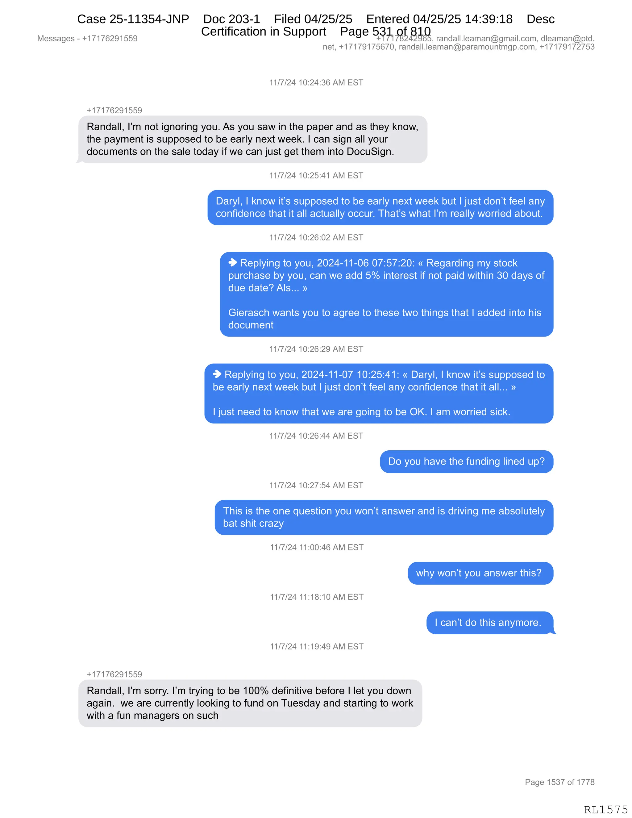 Daryl Heller Bankruptcy Court Filing (text messages and transcripts)