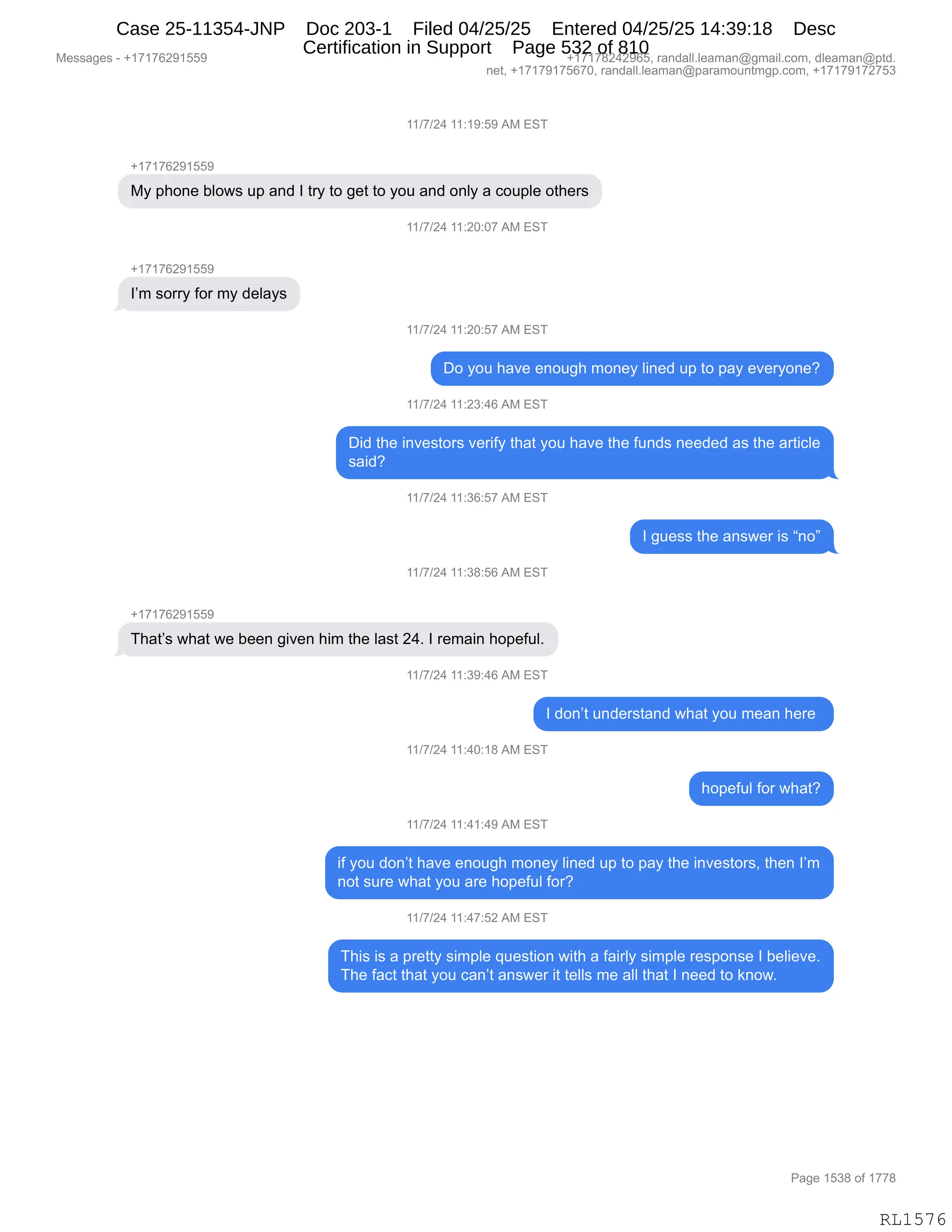 Daryl Heller Bankruptcy Court Filing (text messages and transcripts)